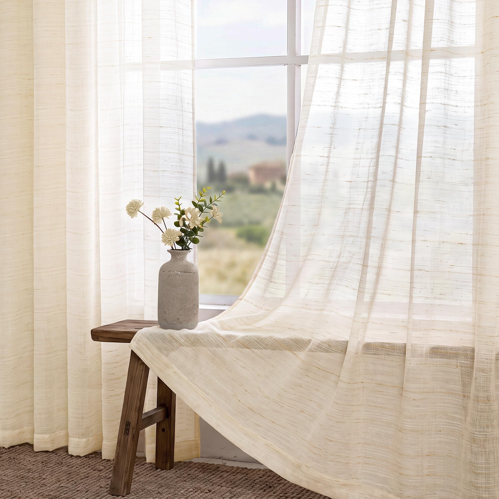 Rideau Voilage Transparent Lin Beige-de Salon Moderne Chambre Cuisine Balcon Baie Vitrée Léger Romantique à Oeillet Eyelet Tamisant Sheer Curtains Décorations d'intérieur de Fenêtre 140x280cm 2PC