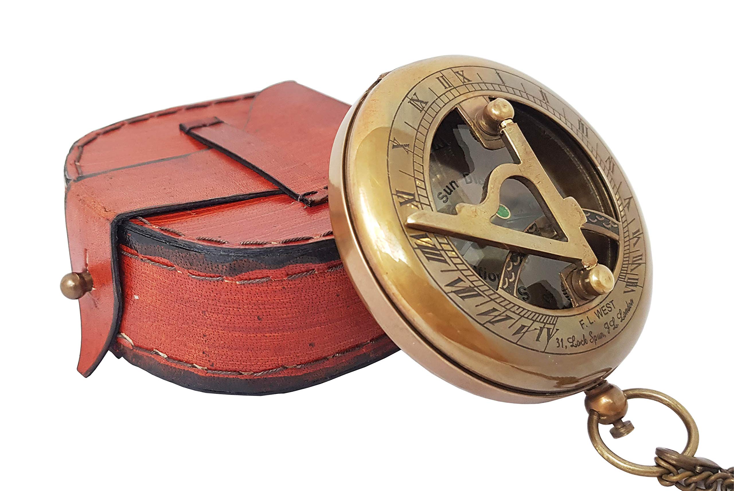 The New Antique StoreBrass Sundial Compass with Leather Case and Chain - Steampunk Accessory - Antiquated Finish - Beautiful Handmade Gift -Sundial Clock