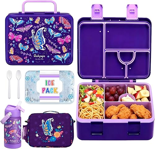 Miniatura 30 de rockpapa Fiambrera Bento de 5 compartimentos para niños con utensilios y botella de agua aislada y bolsa de almuerzo con correa, juego de Dinosaurio