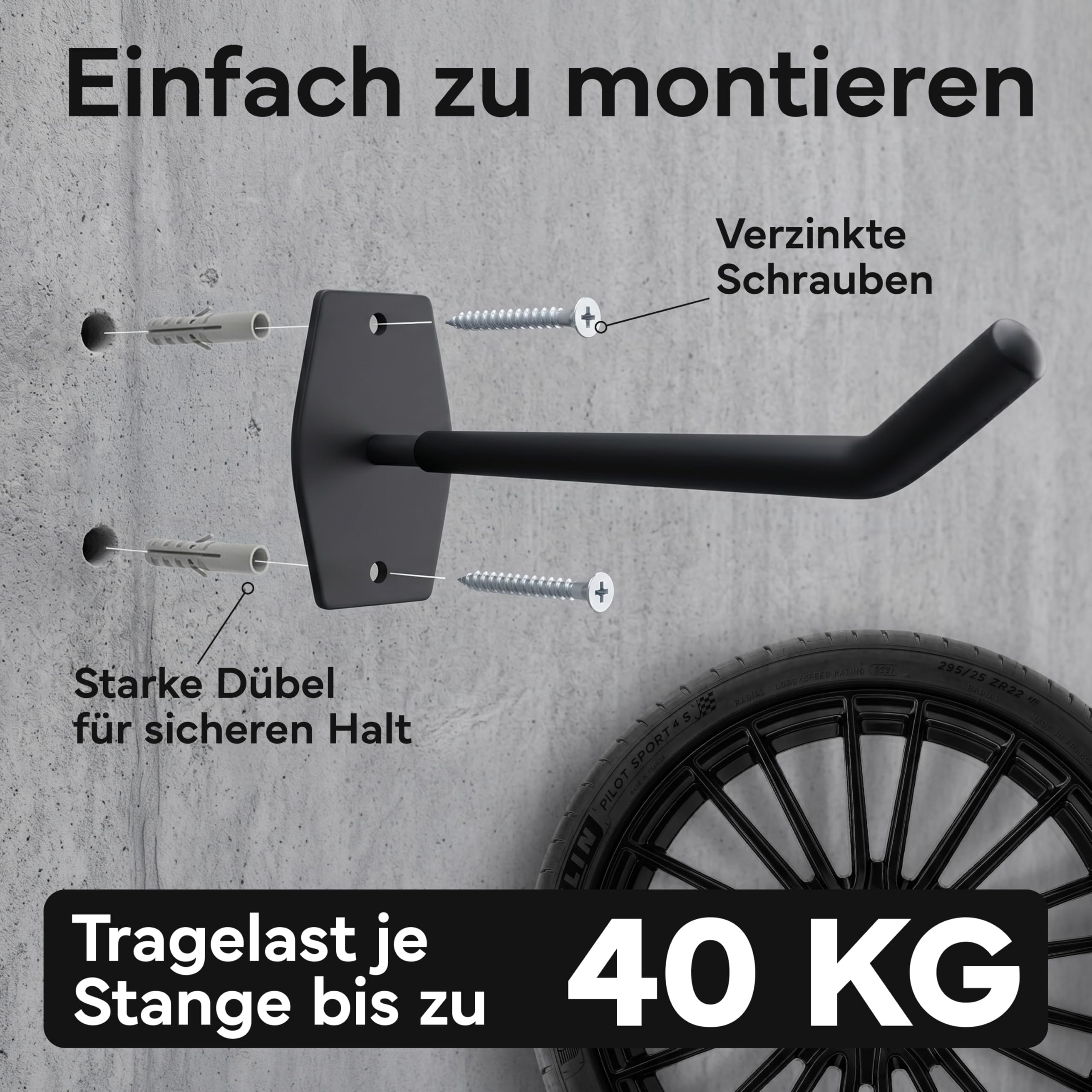 NEOLYMP Autoreifen Wandhalterung 4er Set - Platzsparende Reifenlagerung in der Garage - gehärteter Stahl, gummiert, bis 40kg pro Wandhalter - inkl. Fischer Dübel - Reifenhalter Wandhalterung