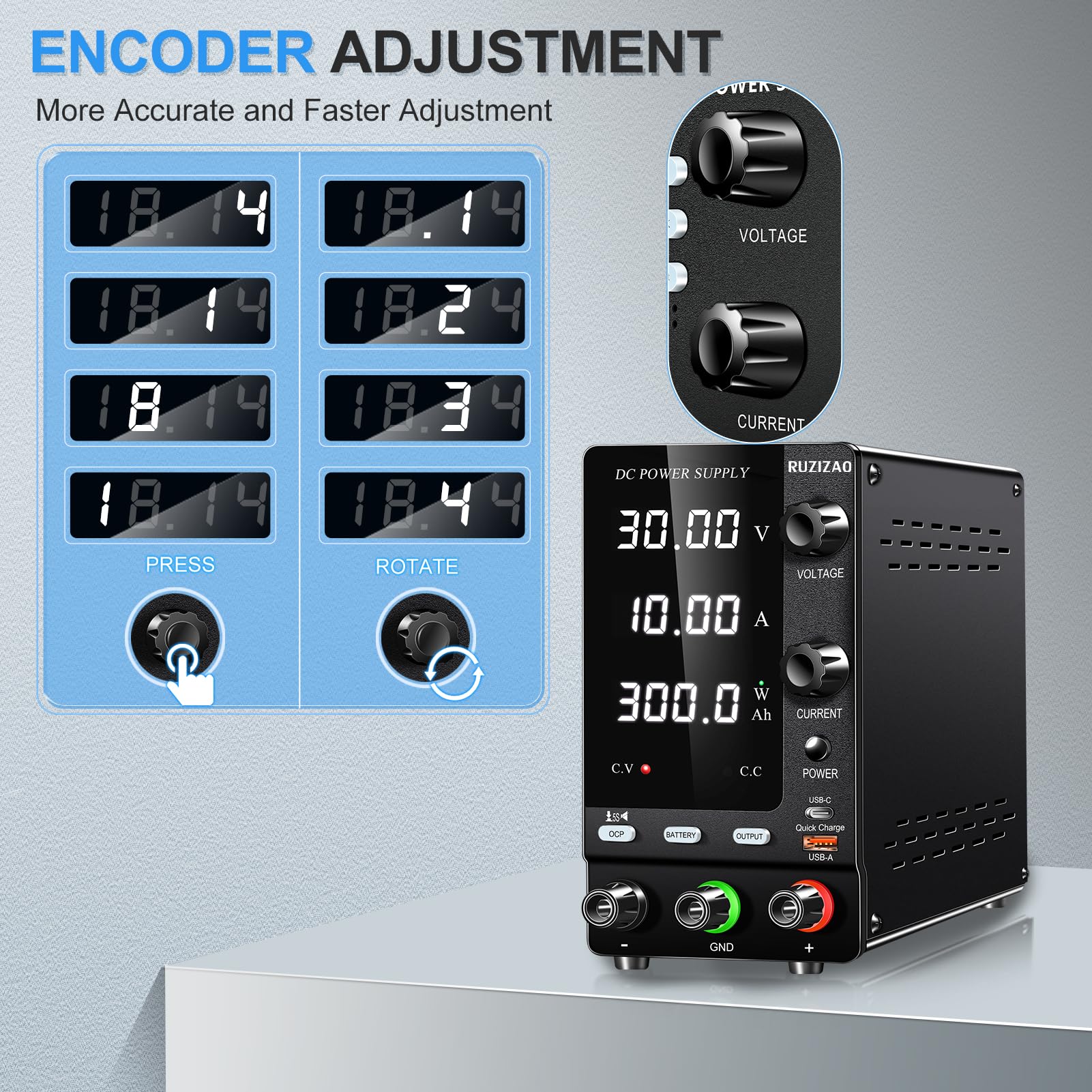 Fuente de Alimentación 30V 10A, 300W Regulada por Codificador 1V-24V Carga de Baterías Fuente de Alimentación con Interruptor de Salida/Detección Cargas/Botón OCP 18W Puerto USB de Carga