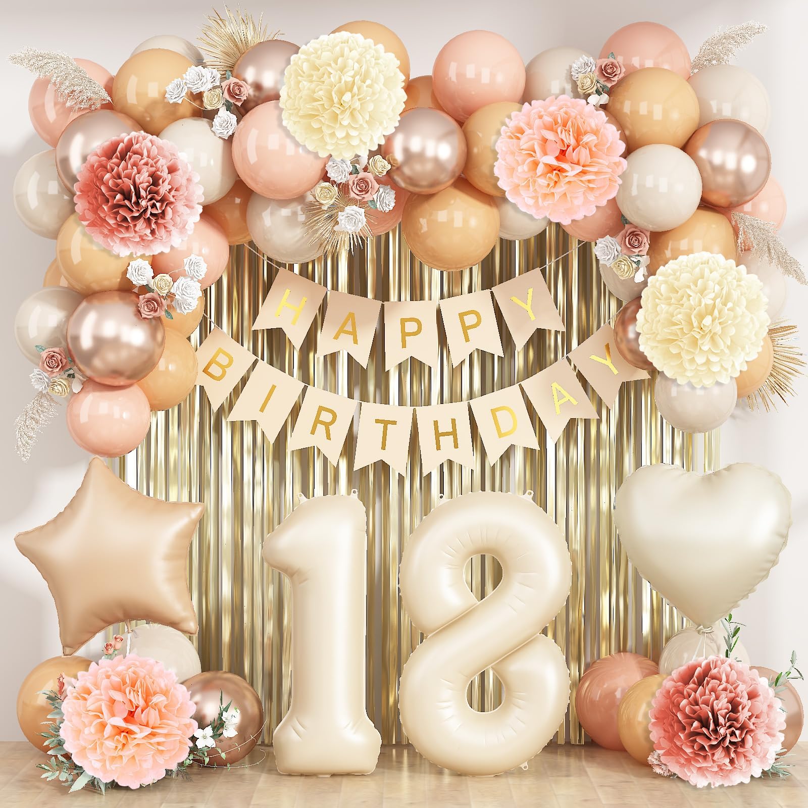 Beige 18th Birthday Decorations Girls Boys Cream Number 18 Balloon Nude Gold Happy Birthday Banner Fringe Curtain Paper Pom Poms Blush White Sand