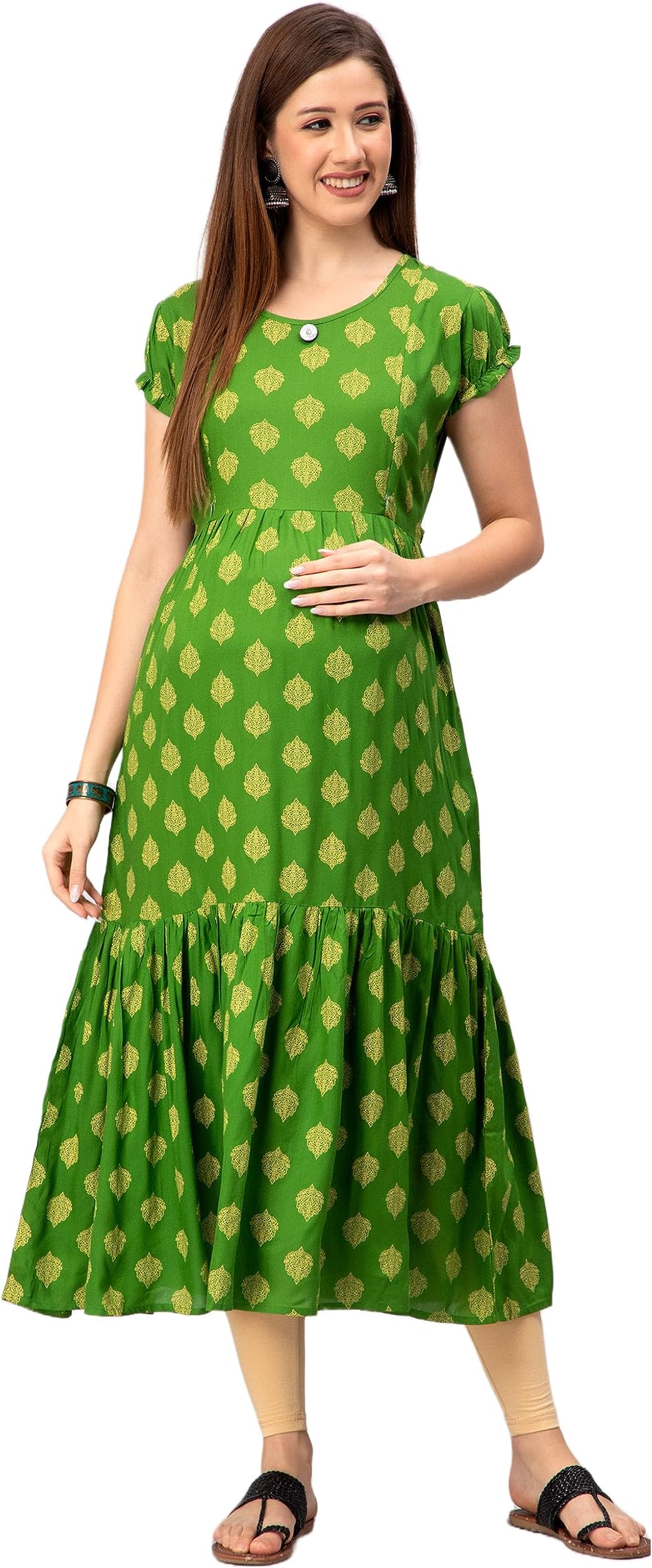 CEE 18 Women Cotton Maternity & Feeding Kurta, Nursing Dress with Nursing Zippers (X-Large, 42, Golden Green)