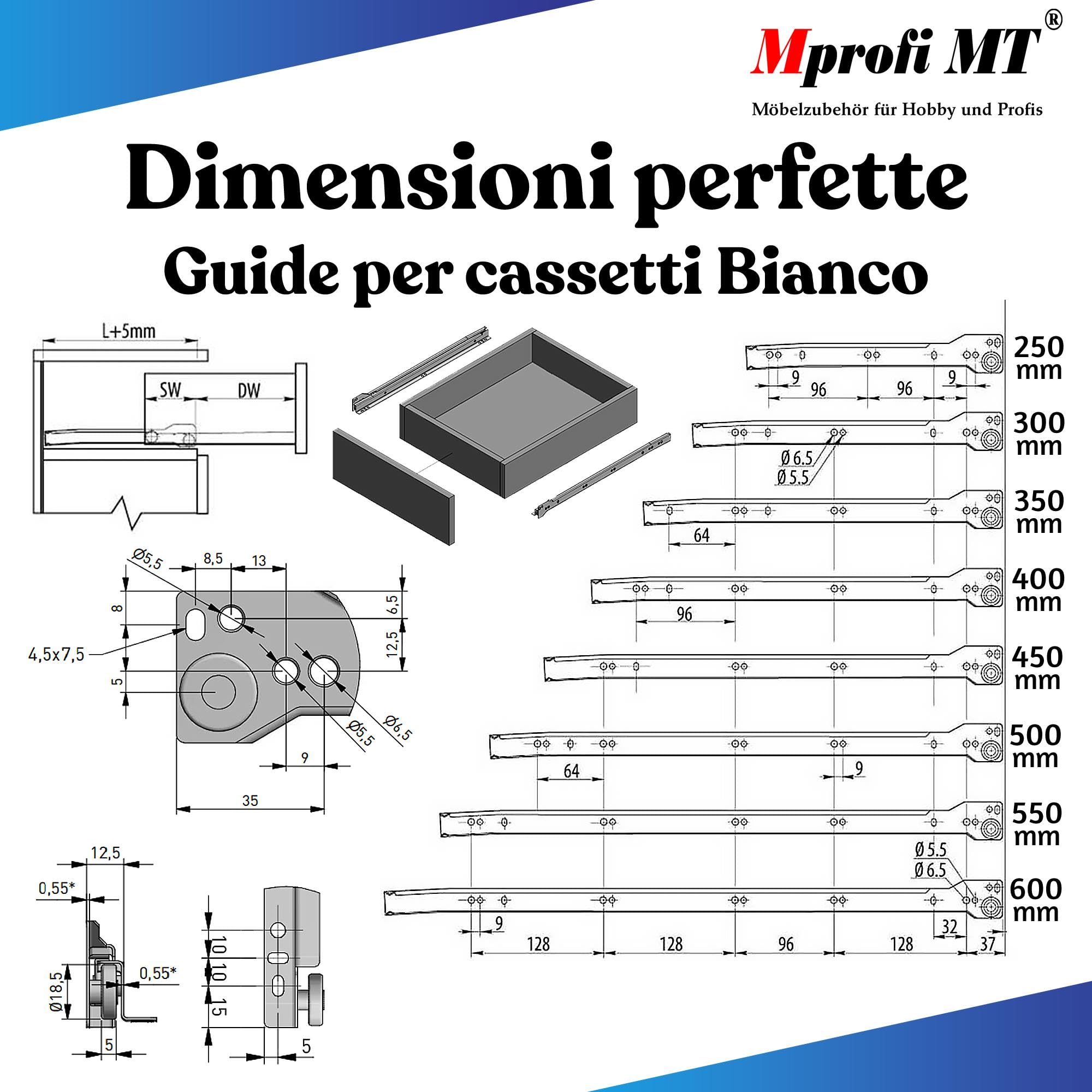 Mprofi MT® 20 Pezzi, 10 Paia | Guide per Cassetti | L:400mm | di Binari Cassetti Scorrevoli | Guide a Sfere per Cassetti | Guida per Cassetti Estrazione Parziale | Guida Telescopica per Cassetti