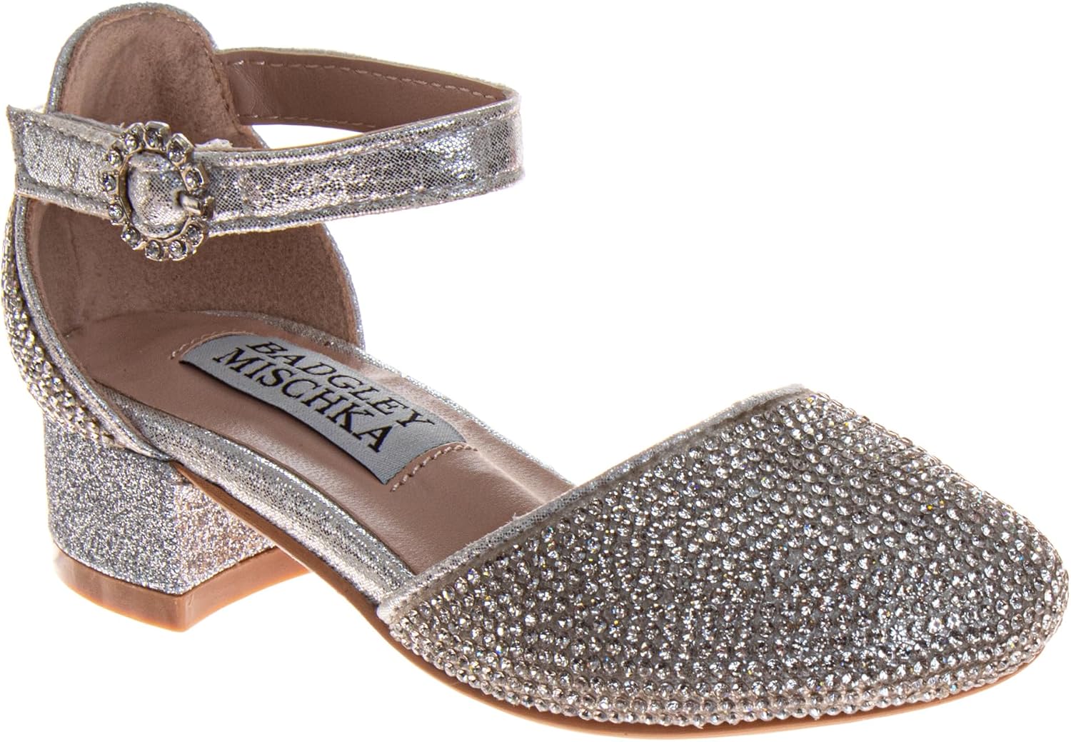 Josmo Girls Rhinestone Glitter Dress Sandal with Low Heel Fancy Sparkly Ankle Strap Sandals for Toddler to Big Kids