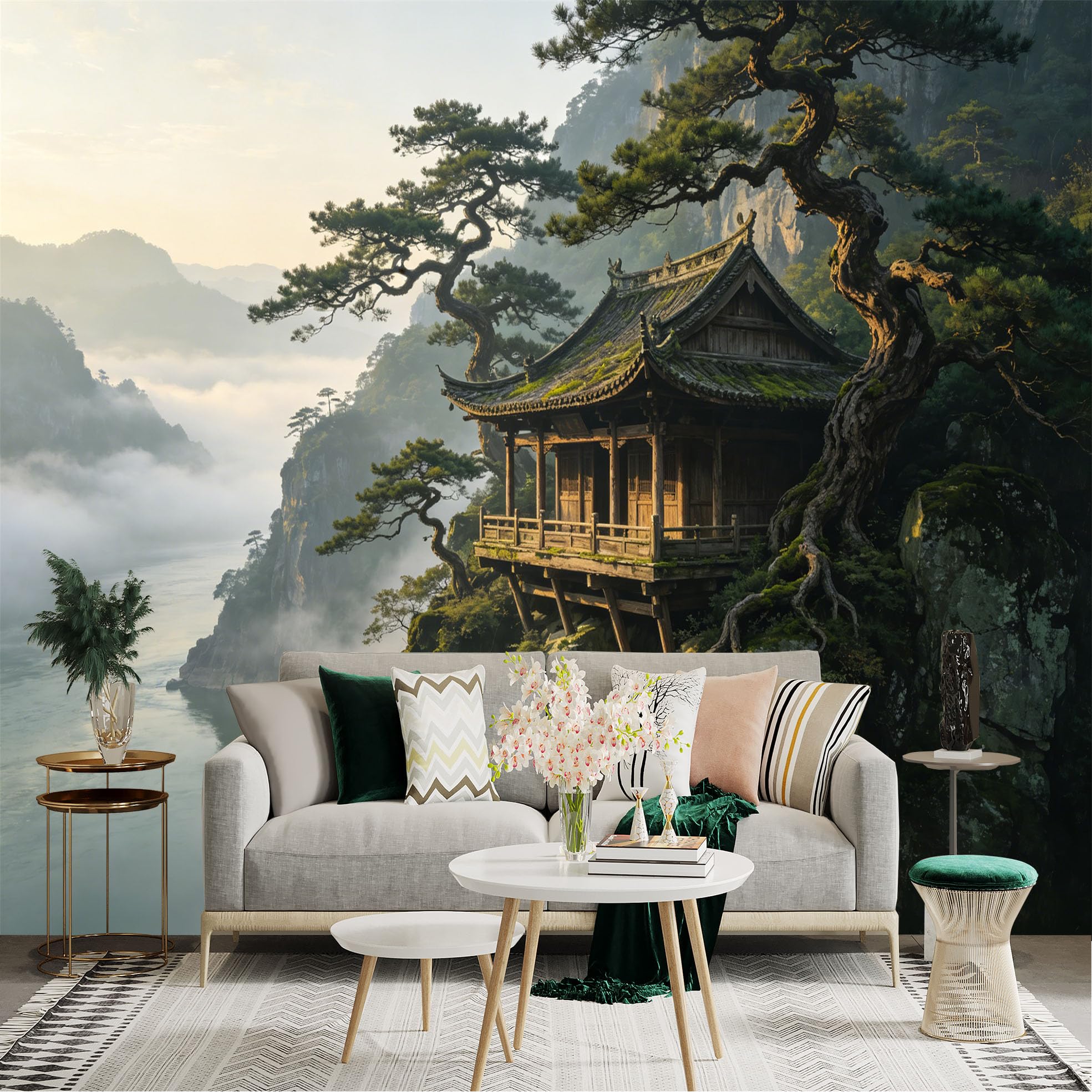Custom Size Wall Sticker Mural， Ancient Cliff Temple with Pine Trees and Mountain Mist， for wall Decoration， peelandstick wall Decals.