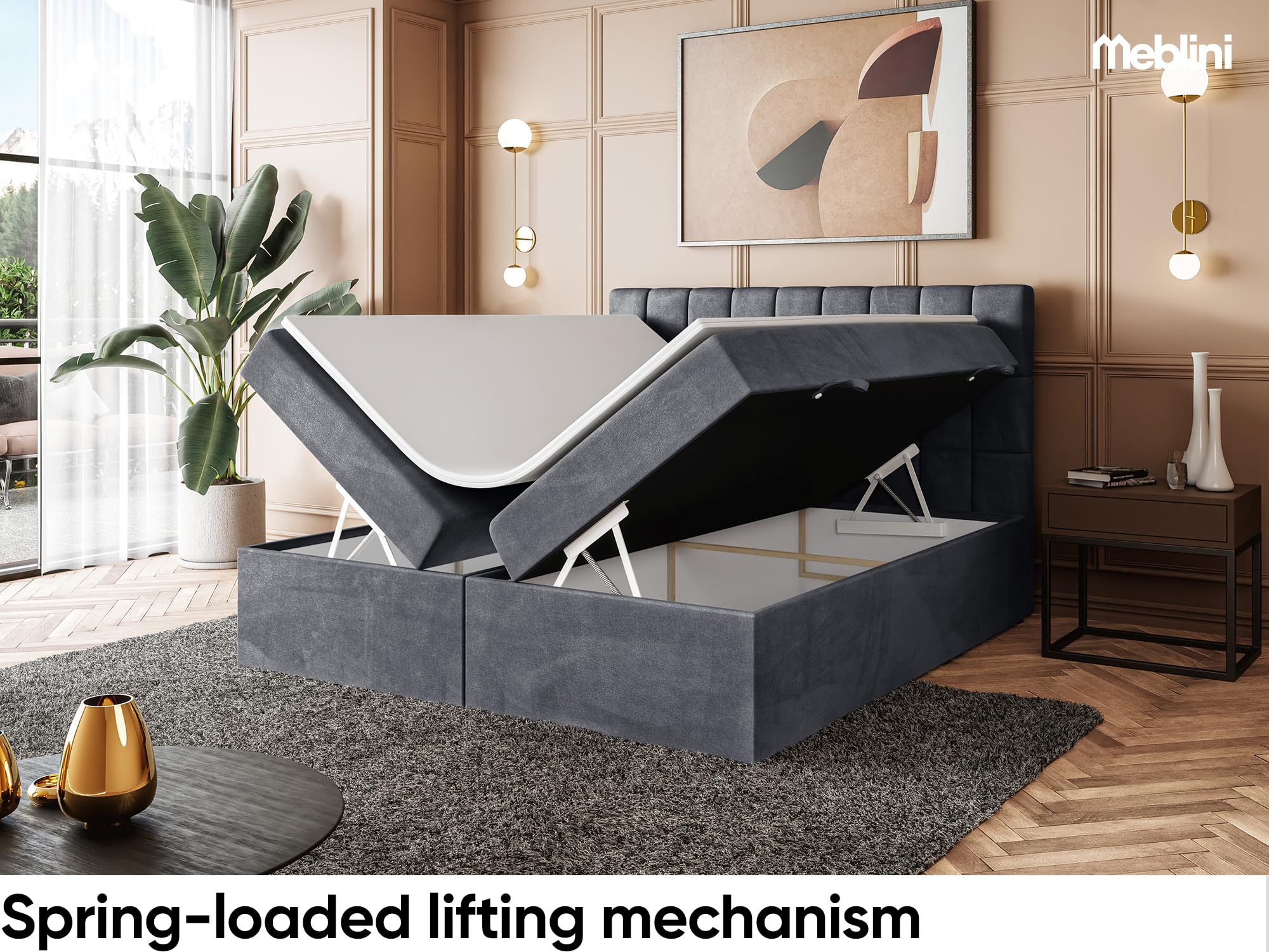MEBLINI Boxspringbett mit Bettkasten - 200x200 - Gepolstert Doppelbett mit Matratze und Topper - Polsterbett mit Stauraum - Bett mit Kopfteil - Stauraumbett - Lukas - H3/Dunkelgrau Samt