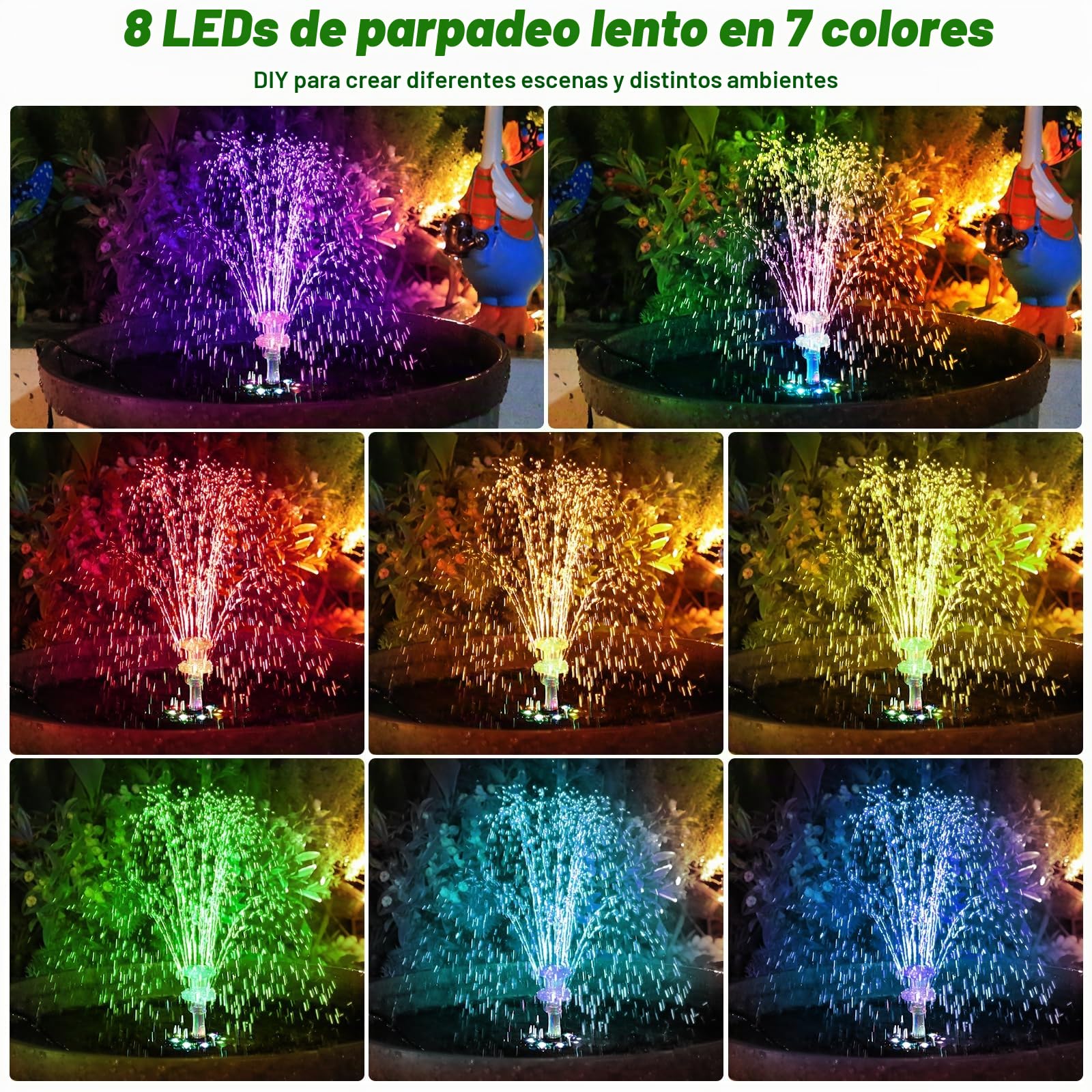 10W LED Fuente Solar Multicolor, Bomba de Agua Solar 3000mAh Batería | Bomba de Estanque Solar DIY con 21 Efectos, Bomba de Agua Solar para Jardín, Circulación de Agua, Piscina