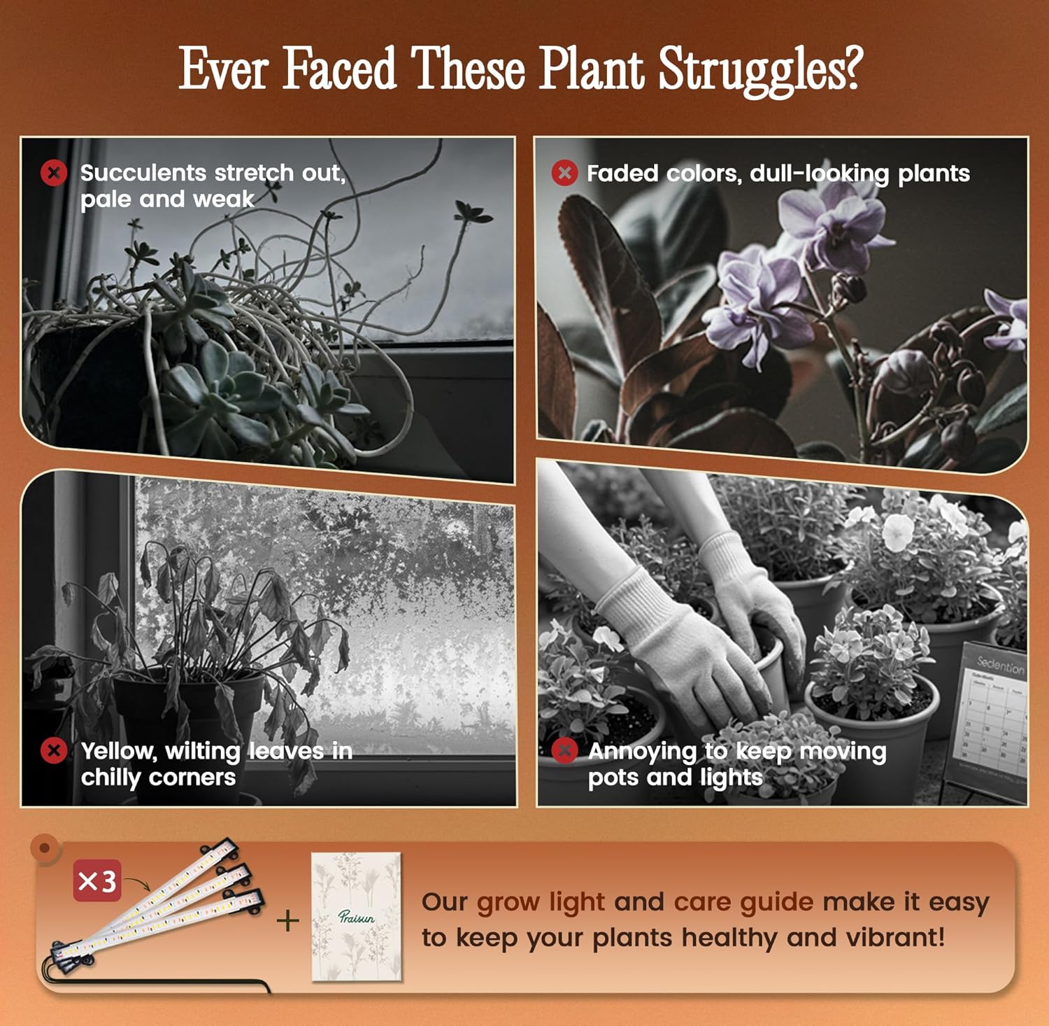 PRAISUN 51 Inch Plant Stand with Grow Lights, 8 Tiered Indoor Plant Shelf with Larger Flower Holder, Curved-tubed Design, 3 Light Modes, Corner Plant Rack for Living Room, Rustic Brown