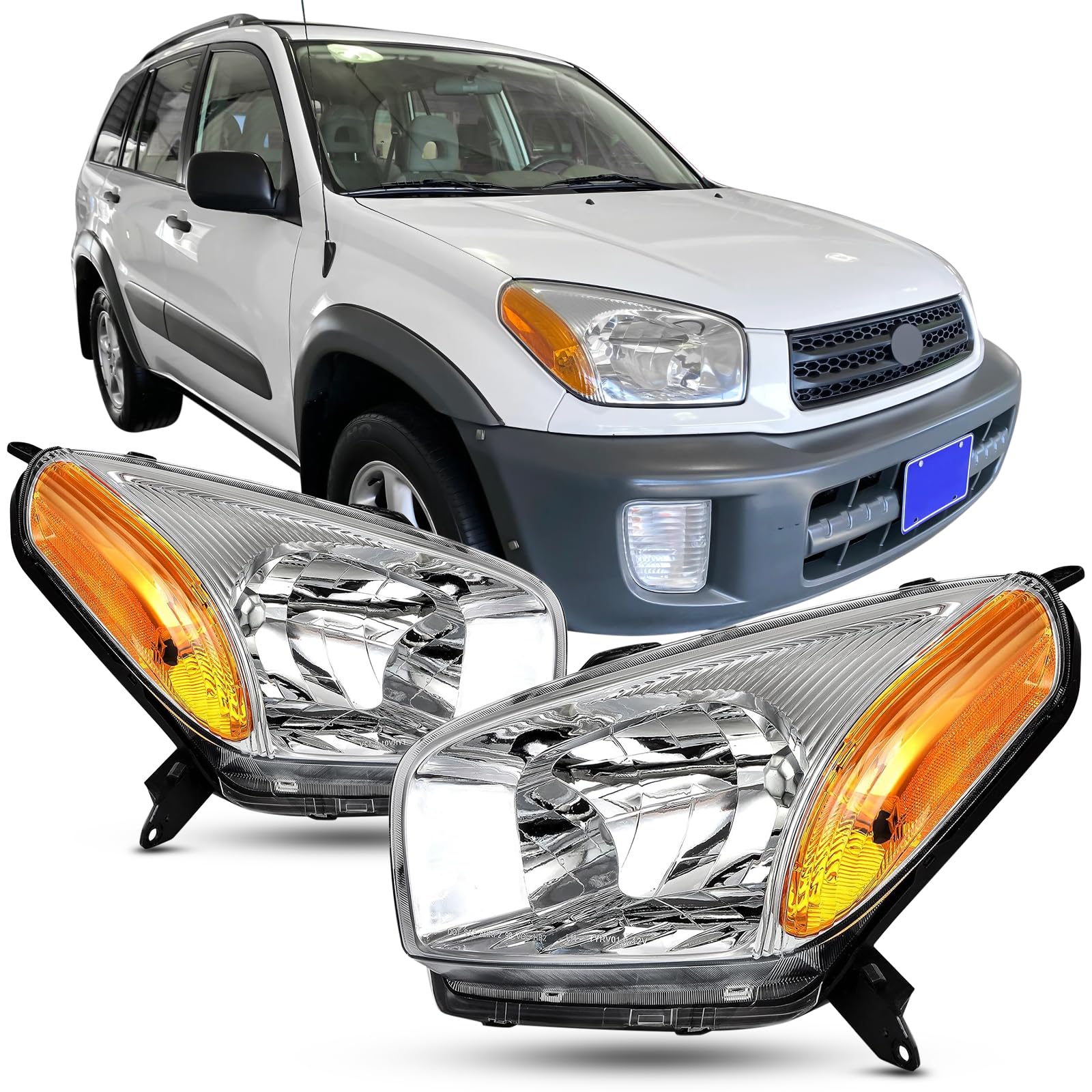 Headlight Assembly Compatible With 2001-2003 Toyota RAV4 Chrome W/Amber Headlamp Replacement Pair Set Driver & Passenger Side