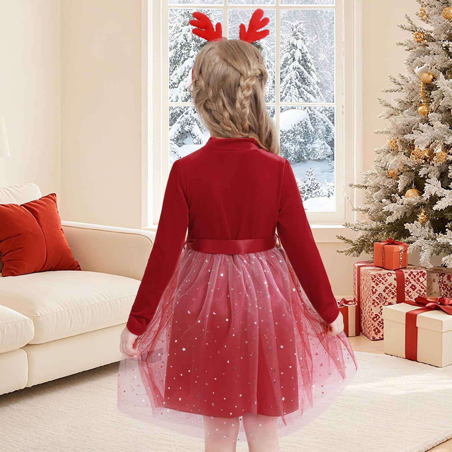 Girls Dress Velvet Long Sleeve Tutu Dress Kids Sparkly Sequin Tulle Holiday Party Casual Princess Dresses 3-8Y - Image 5