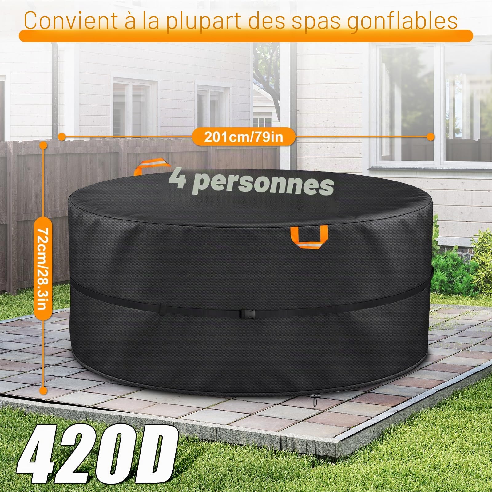 Housse de Protection Ronde pour Jacuzzi, 4-6 Personnes, Oxford 420D, Spa Gonflable Housse de Protection pour Ronds, résistante aux UV et imperméable pour Spa extérieur (200 x72cm (4 Personnes))