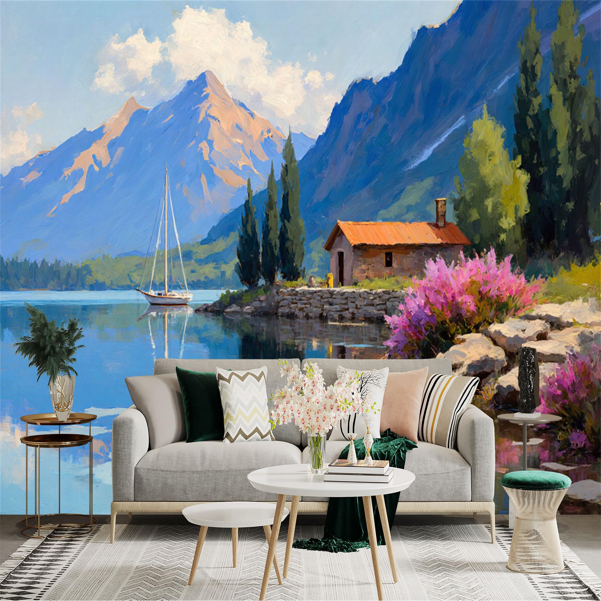 Lnzczhyre Xc260505355 Custom Size Wall Sticker Mural， Lakeside Cottage With Sailboat， Majestic Mountains And Blooming Flowers， For Wall Decoration， Peelandstick Wall Decals.