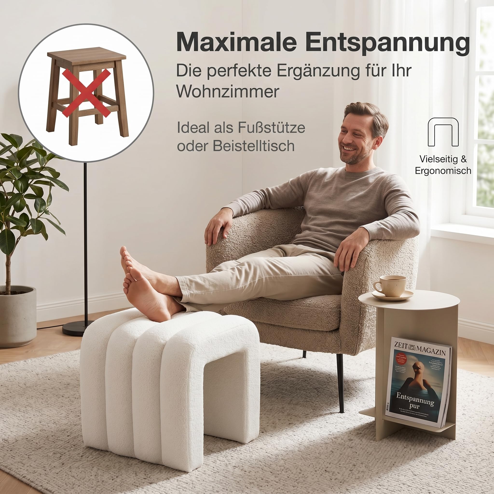 Zedelmaier Hocker mit Holzfüßen – Weißer Sitzhocker, Fußhocker, Sitzwürfel & Pouf für Wohnzimmer, Schlafzimmer, Eingangsbereich (Weiß)