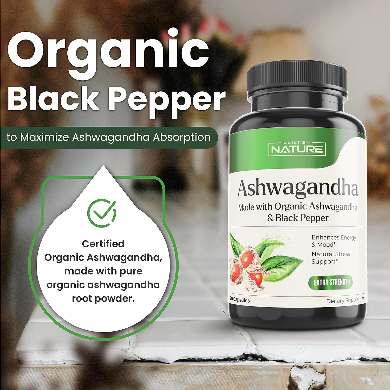 Built by Nature Organic Ashwagandha Supplement with Black Pepper Extract for Stress Relief & Immune Support - 60 Capsules