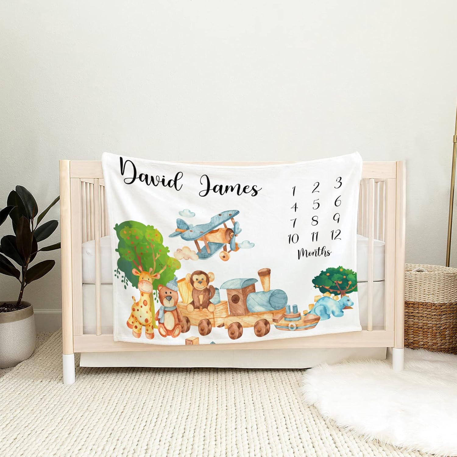 Personalized Toy Adventure Baby Blanket, Custom Name Soft Playtime Milestone Fleece, Baby Boy Monthly Growth Tracker, Whimsical Stuffed Animals Nursery Decor, Playful Baby Photo Prop