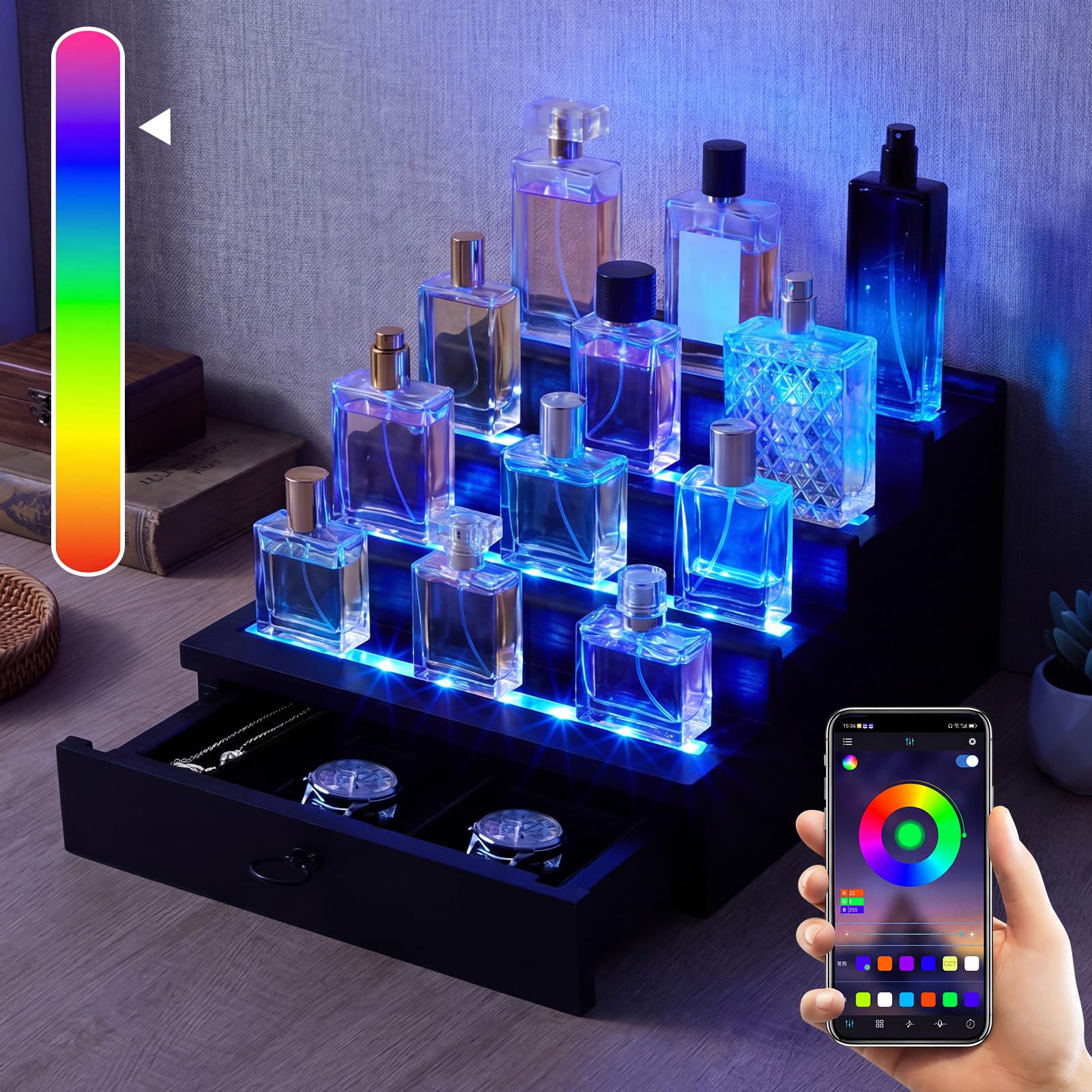 Organizador de perfumes de madera de 4 niveles con iluminación LED para hombres, organizador de perfume con cajón y múltiples modos de iluminación, soporte de exhibición de perfume con