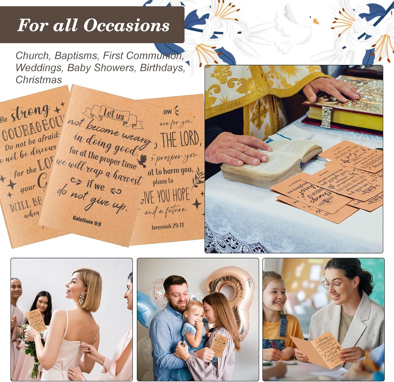 100 Sets Christian Greeting Cards Bulk with Envelopes Stickers, Religious Bible Verse Cards Scripture Inspirational Encouragement for Baptism, Birthday, Wedding(Kraft)