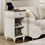 WAMPAT Set of 2 End Table with Charging Station, Wood Nightstands with Drawer and Storage Cabinet, Modern Side Tables Living Room, Farmhouse Night Stands Bedside Table for Bedroom, Rustic White