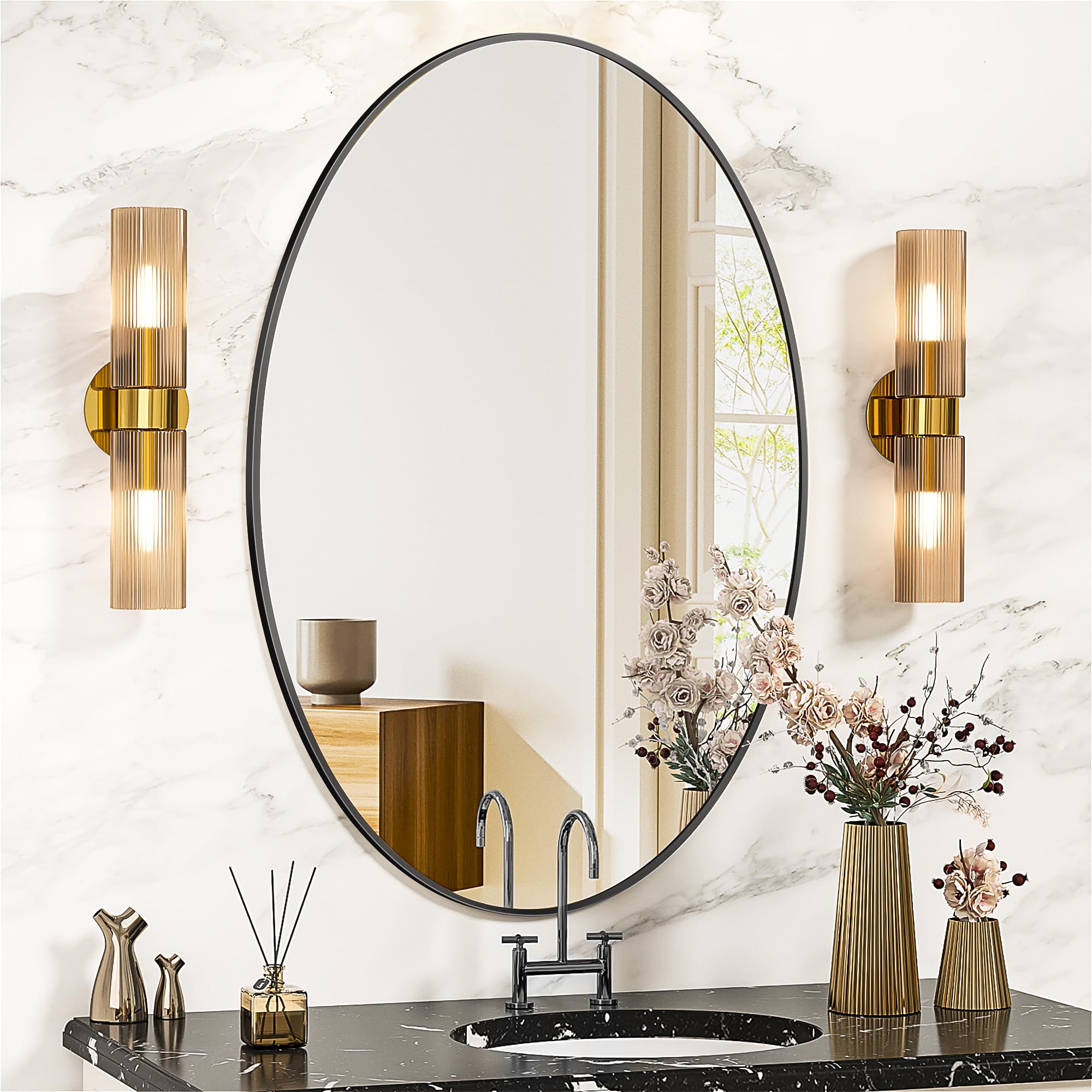 Antok Oval Wall Mirror, 20X28 Inch Oval Mirror for Wall, Bathroom Wall Mirror, Vanity Mirror, Pill Shaped Mirrors for Bathroom, Mirrors Farmhouse, Anti-Rust, HD Tempered Glass, Black