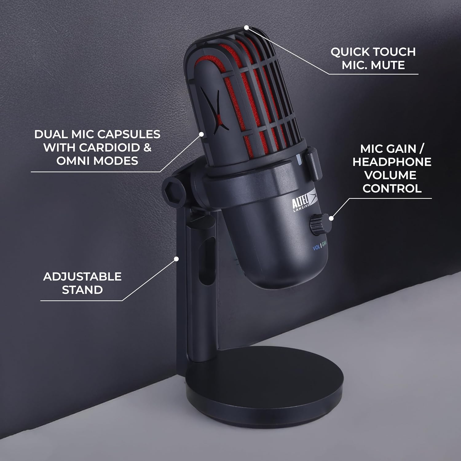 Altec Lansing Studio MIC 1, Dual Pattern 24/96 USB-C Podcast Microphone with Zero Latency Monitoring, Streaming & Recording Microphone with Table Stand and Pop Filter