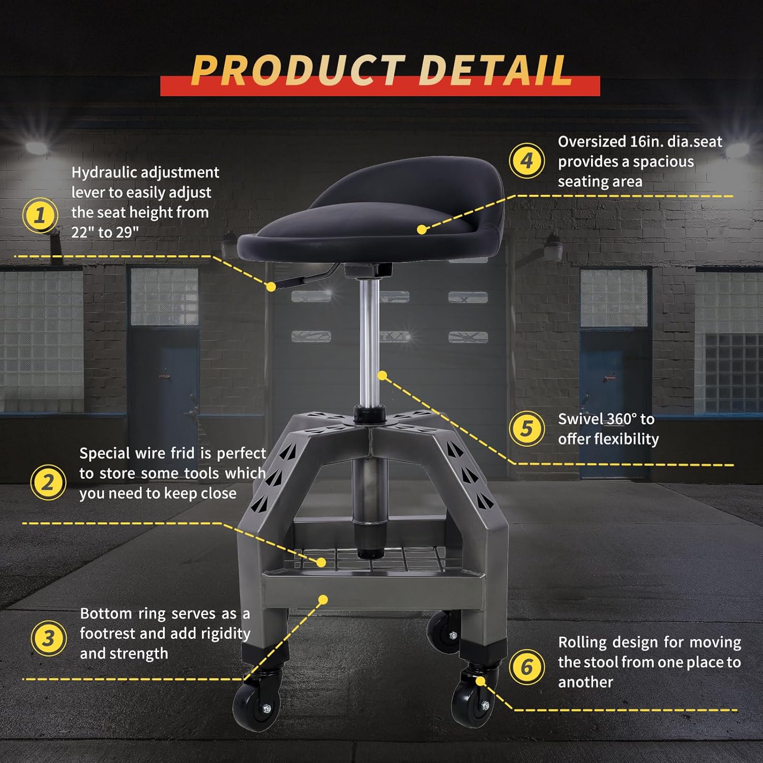 Rolling Shop Stool - 360 Swivel, Adjustable Height, Tool Tray Storage, 300 Lbs Capacity, Gray