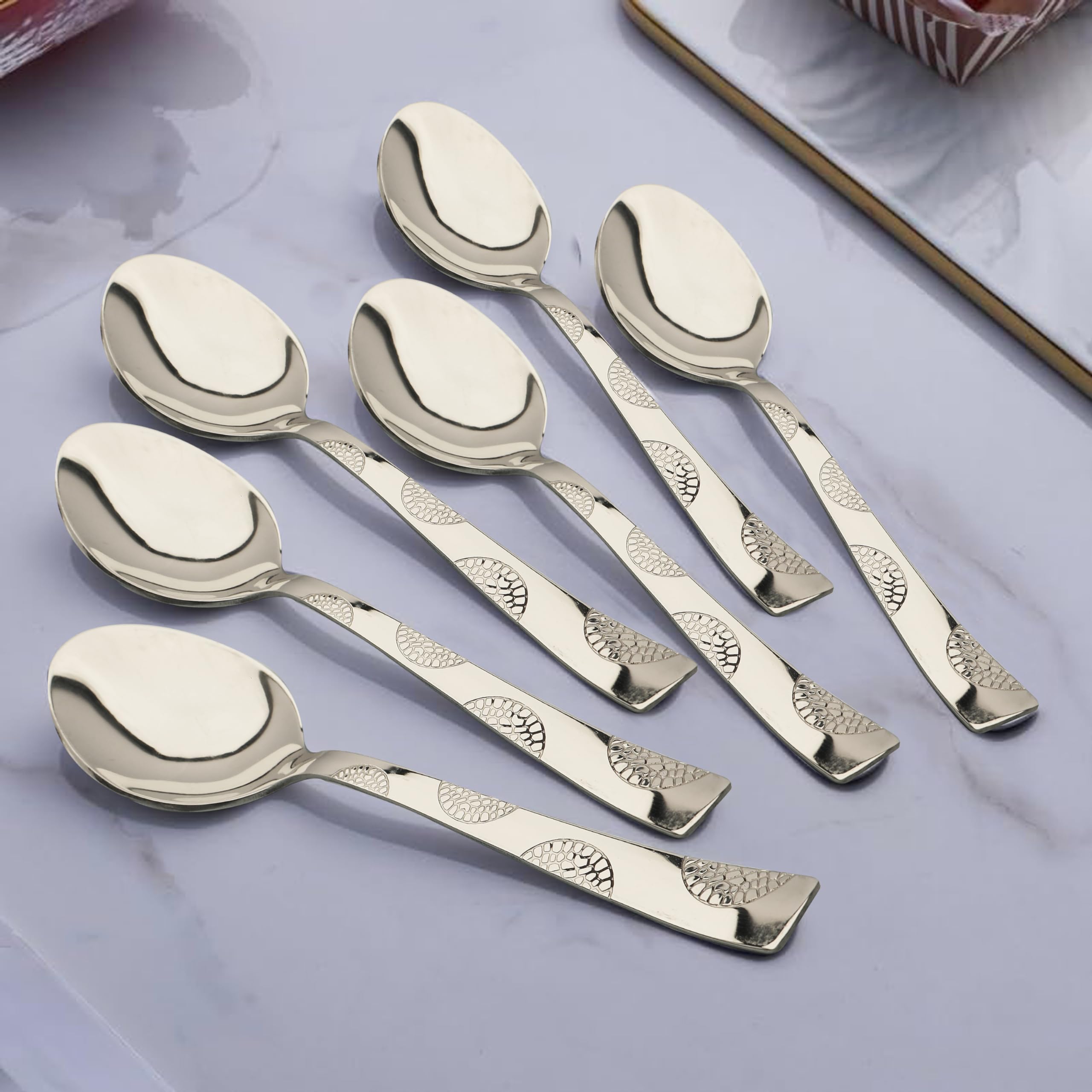 ParageStainless Steel Tea Spoons Set of 6,13.5 cm Long, Premium Spoons for Home & Kitchen, Luxury Dinning Tableware Gift for House Warming,6 Pieces Small Spoon, Silver Moonpress Design