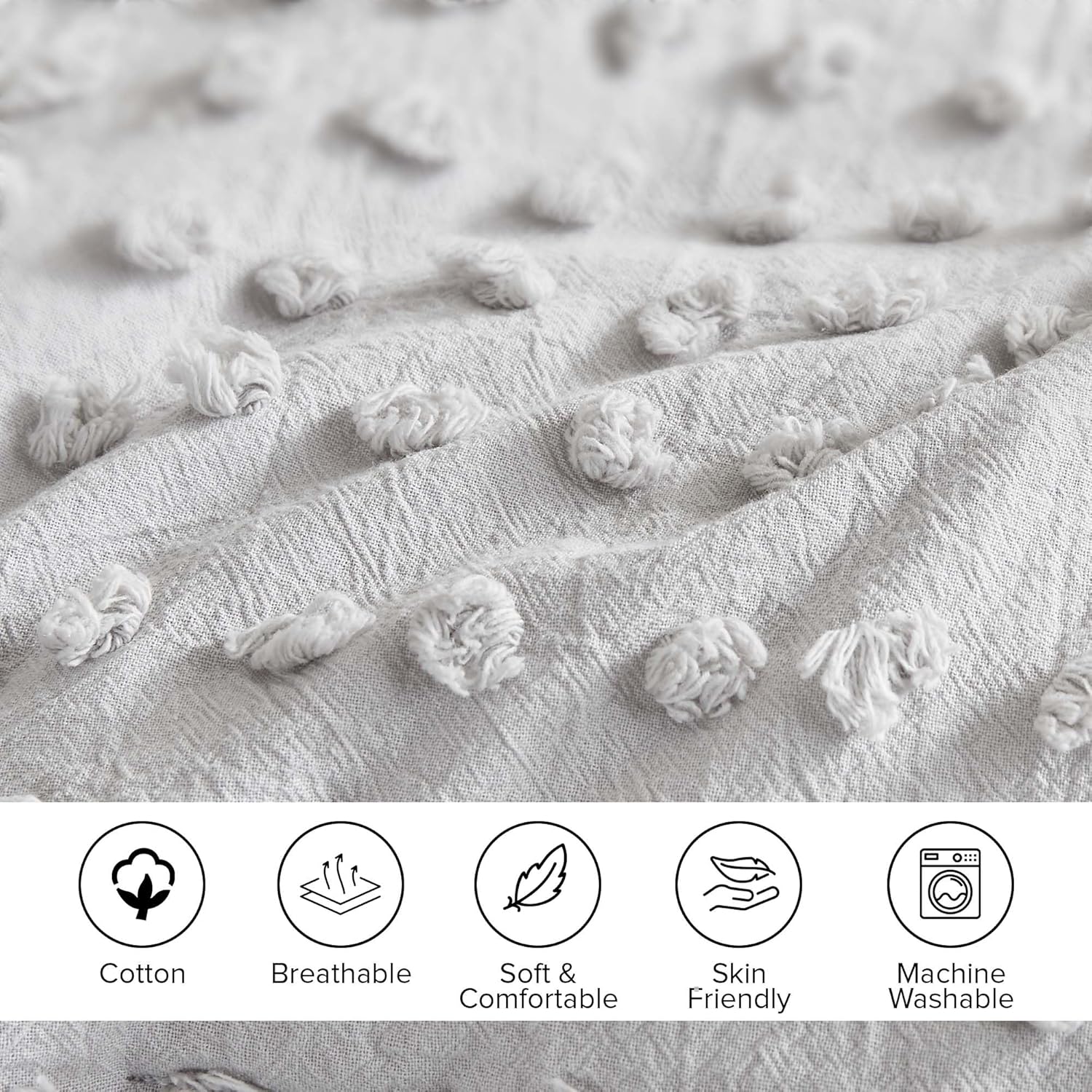 Comfort Spaces Cotton Comforter Set Jacquard Pom-Pom Tufts Design, Down Alternative, All Season Modern Bedding, Matching Shams, Twin/Twin XL, Grey 3 Piece