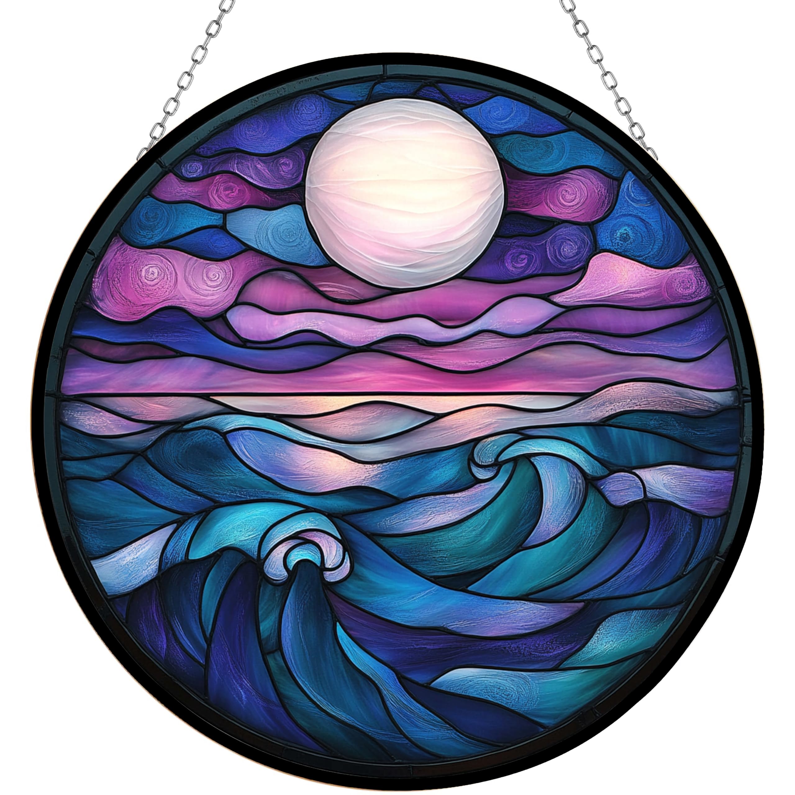 365CUSGIFTS Personalized Boho Twilight Ocean Waves Stained Glass Suncatcher Stained Glass Window Hangings Birthday Gift for Mom Grandma Teacher Women Friend Memorial Hook