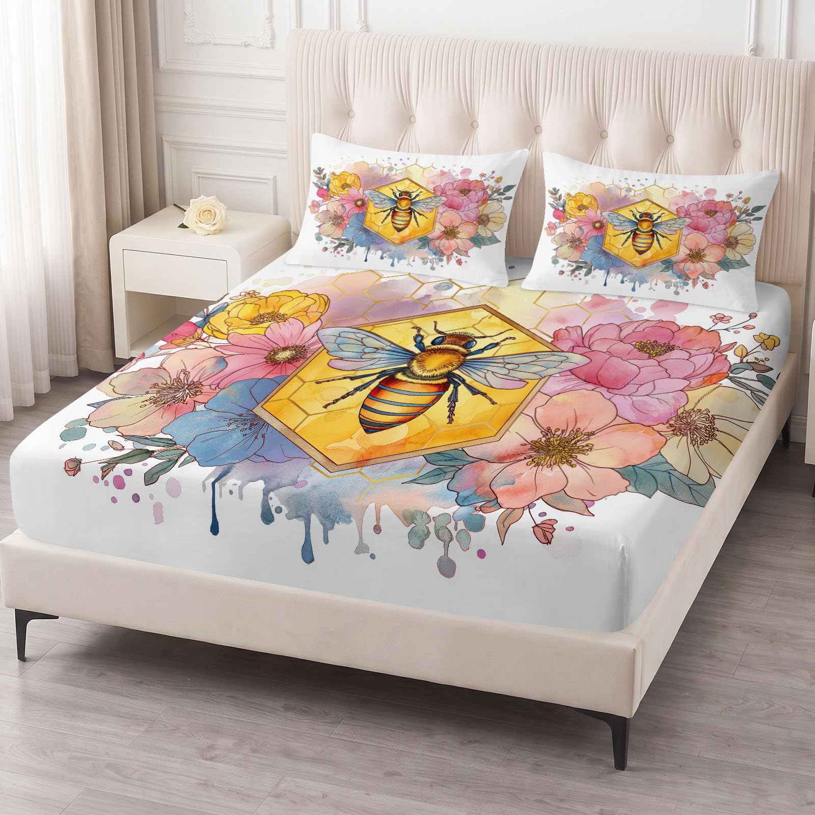 Prześcieradło z gumką o strukturze plastra miodu pszczół, sześciokątne z mikrofibry premium, miękkie prześcieradło 140 x 200 cm, dla dzieci, chłopców, dziewczynek, młodzieży, akwarela, rozpryskiwanie