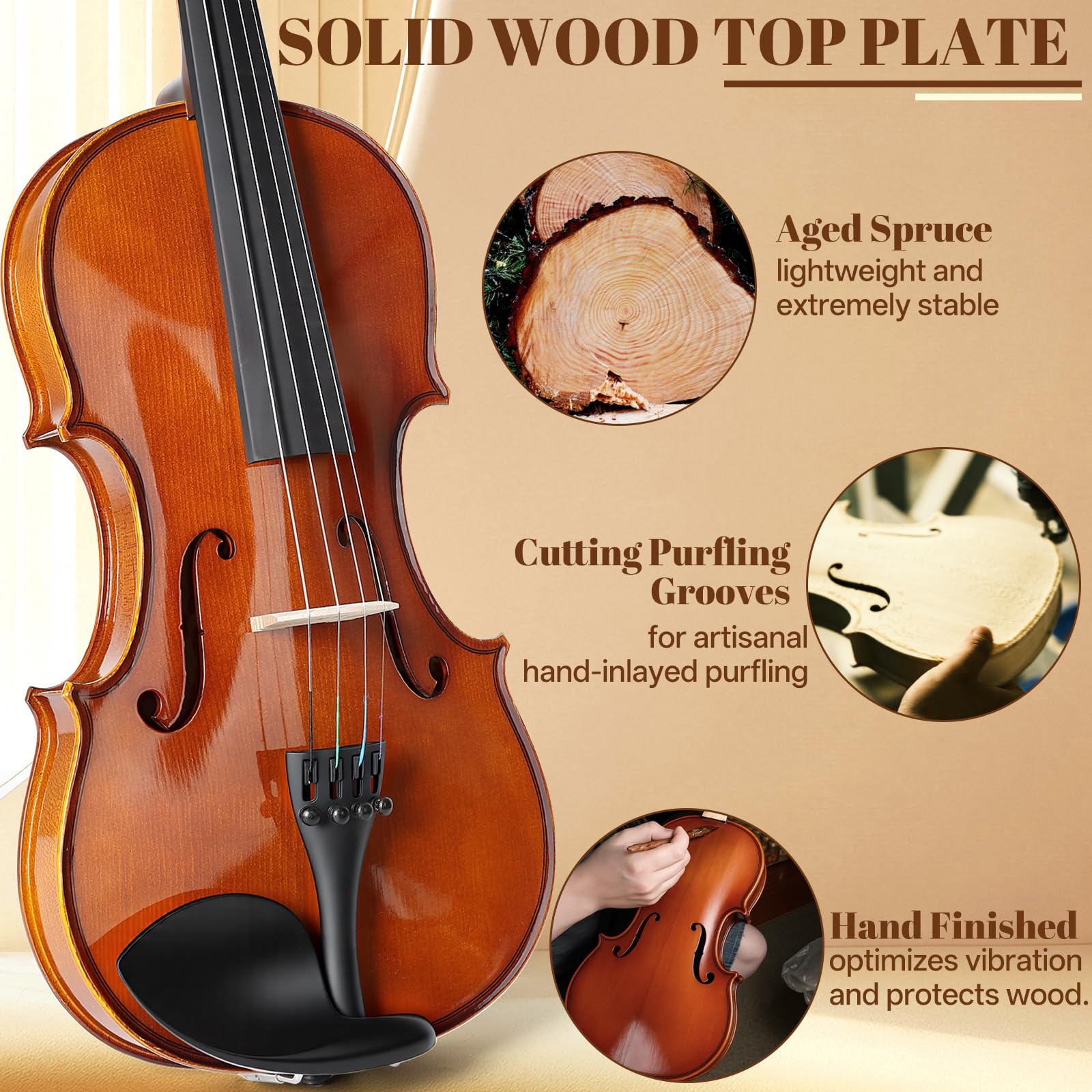 Kmise Violine 4/4 Full Set High Density Ebenholz Violinen Glänzend Akustische Geige für Erwachsene Anfänger Studenten mit Violinkoffer Kolophonium Saiten Bogen Schulterstütze & Führung (Rotbraun 4/4)