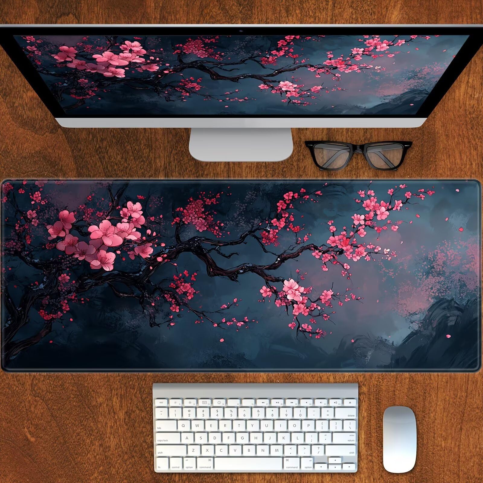 Grand Tapis de Souris de Jeu 900x400x3 mm Mouse Pad Gaming Fleurs Cerisier Roses Tapis de Bureau Antidérapant avec Bords Cousus pour Bureau, Études, Gamer