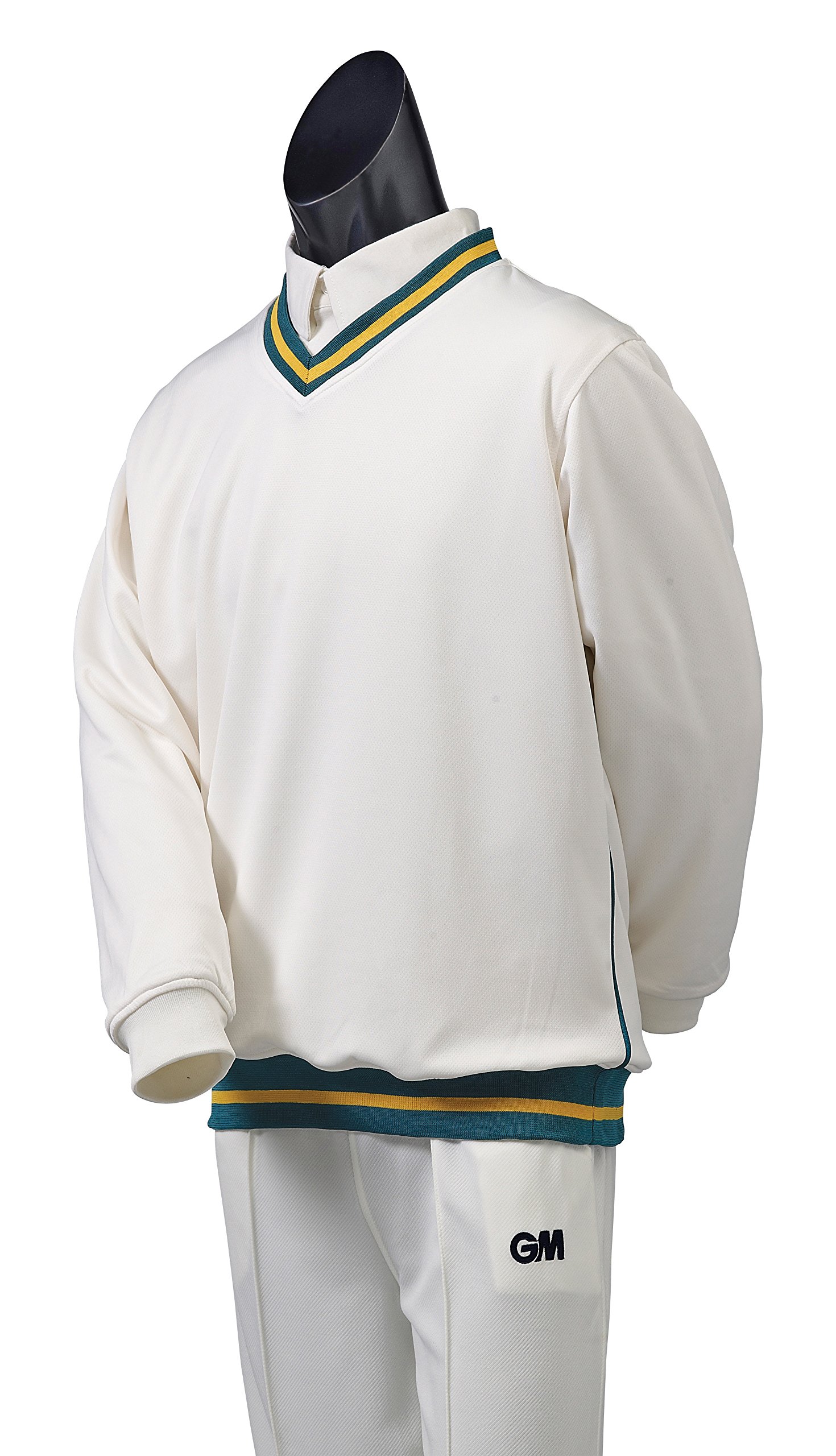 Gunn & Moore GM | Cricket Sweater Pullover | Teknik - Shell Fabric with Fleece Lining | Long Sleeve | Off White with Green & Gold Trimmed Collar & Hem | Medium Junior to fit chest 26-28"