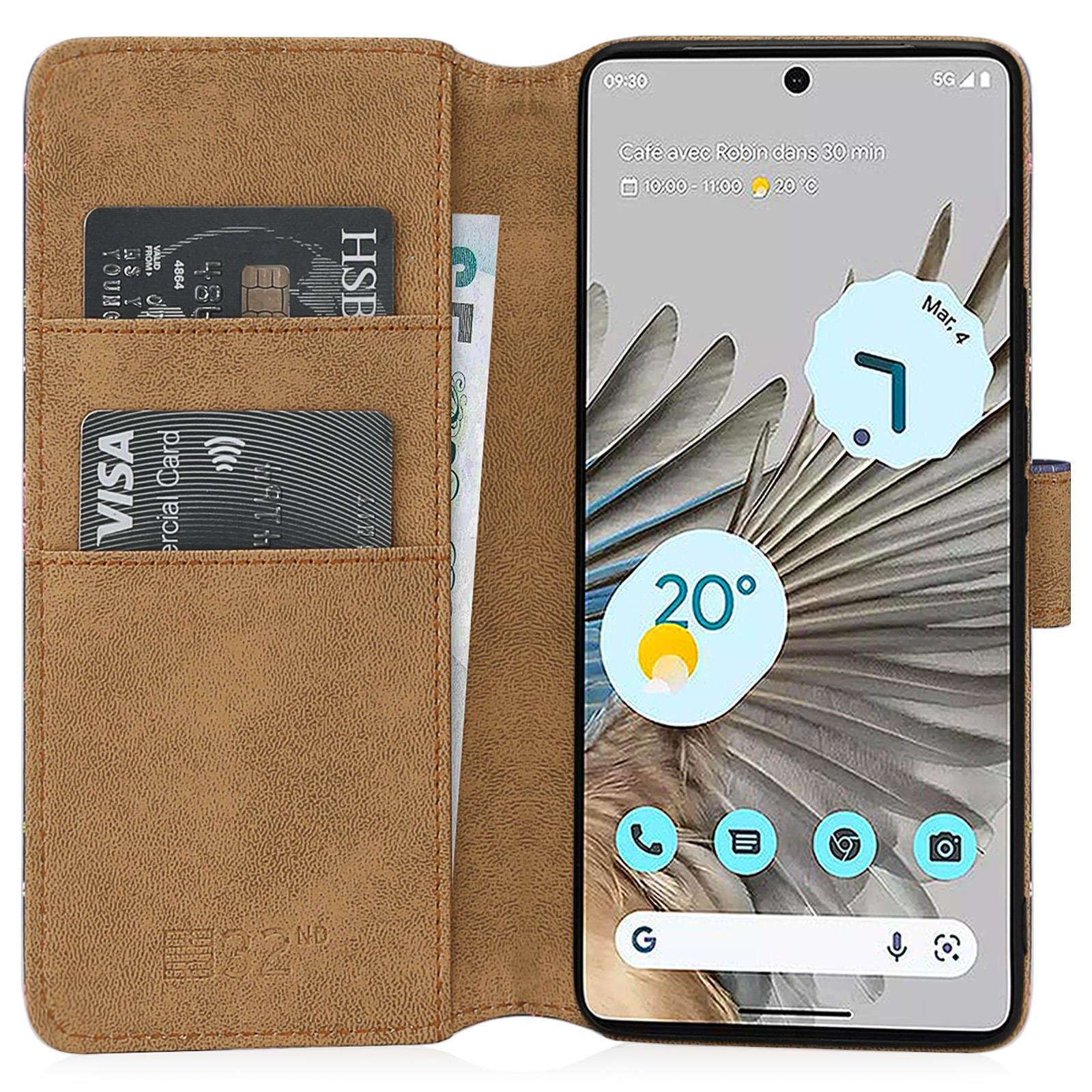 RankOne Custodia Portafoglio in Pelle per Google Pixel 7 (6.32 Inches), con Porta Carte Motivo Rosa Design Cover Folio Flip Case - Oro Rosa