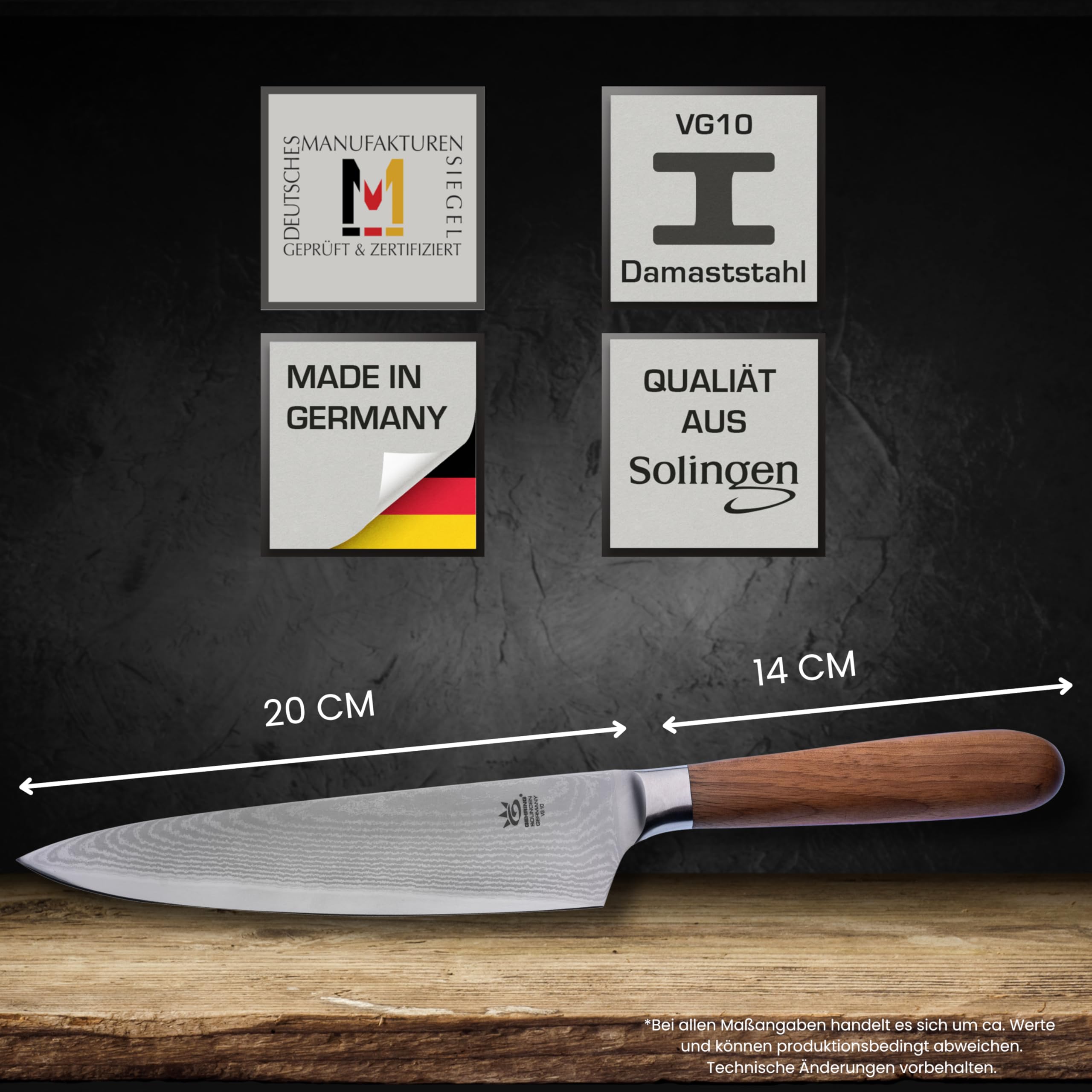 GEHRING SOLINGEN Damast Kochmesser, Scharfes Profi Küchenmesser, Made in Germany, eisgehärteter Damaststahl VG10 + ergonomischer Nussbaum - Holzgriff
