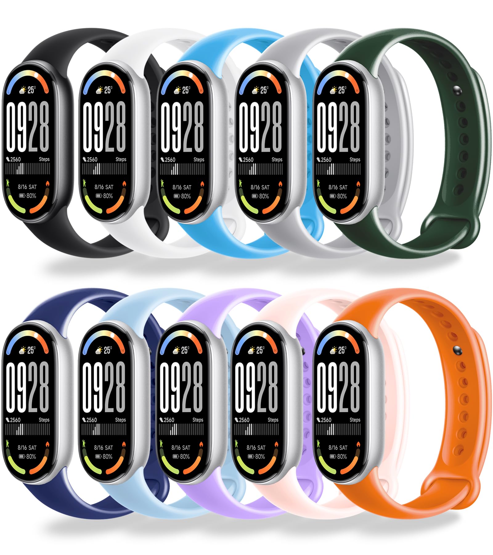 Monuary 3-10 Pezzi Cinturino Compatibili con Xiaomi Smart Band 10/9/8, Bracciale di Sportivi Colorati, con Raccordi Metallici, Morbidi e Traspiranti, Sgancio Rapido