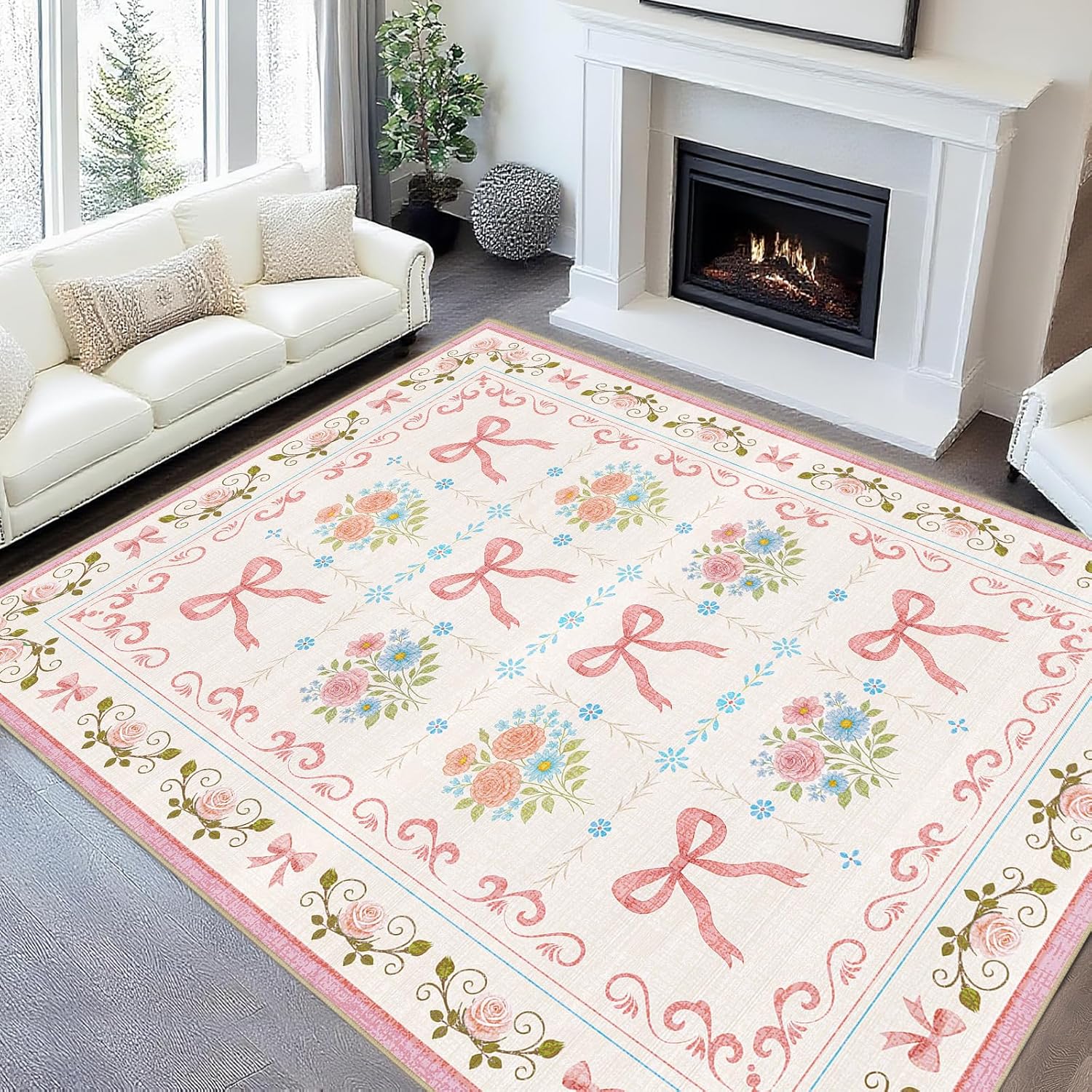 Bow 5x7 Area Rug Pink Princess Rugs Machine Washable Non-Slip Low-Pile Floor Carpet Mat for Girls Room Nursery Vanity Living Room Bedroom Dining Room Office