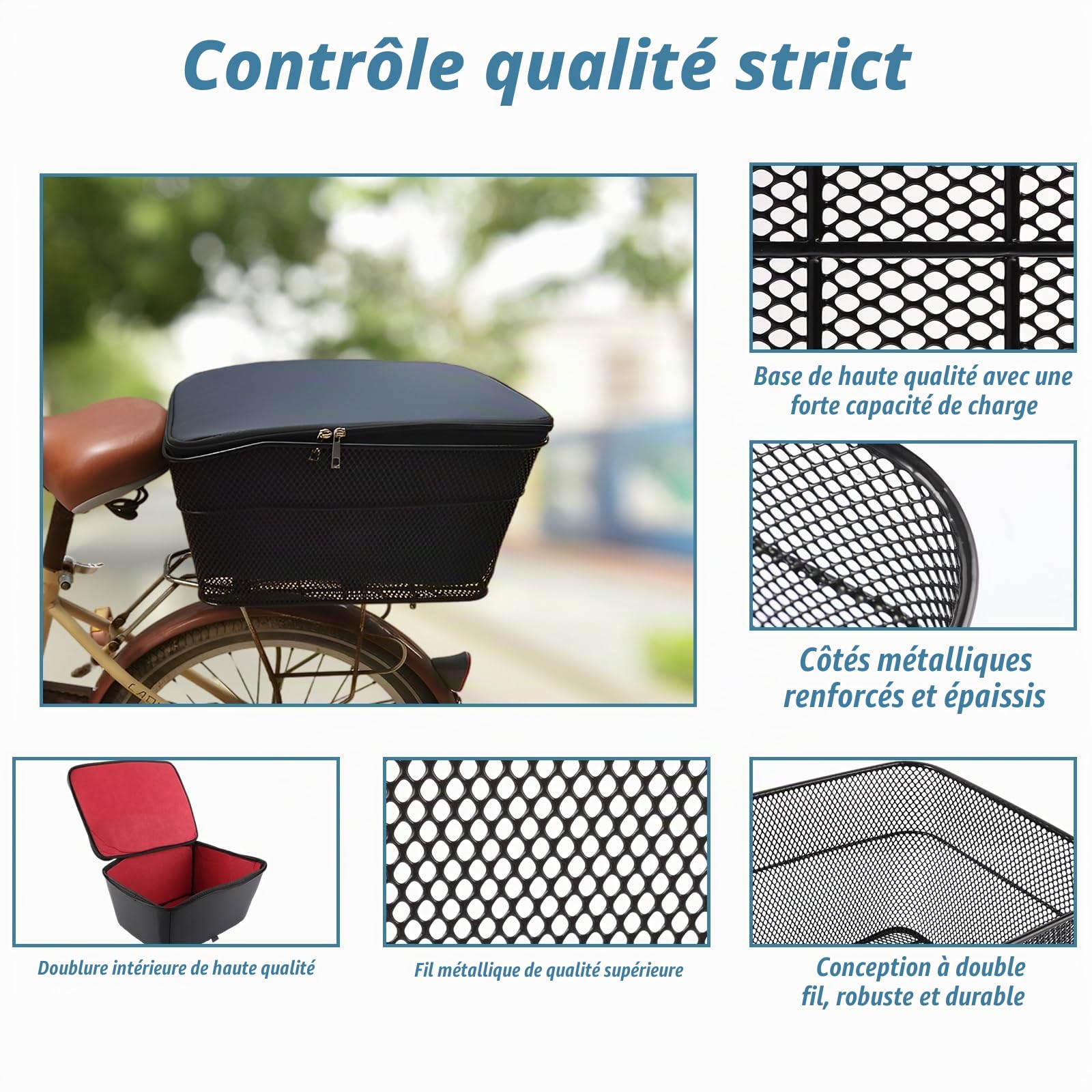 Panier Velo Arriere, 40x30x20cm Panier Velo Grand Arrière Panier pour Velo Porte-Bagages en Métal, Noir Panier Arriere Velo avec Doublure de Panier Vélo Arrière, 20L