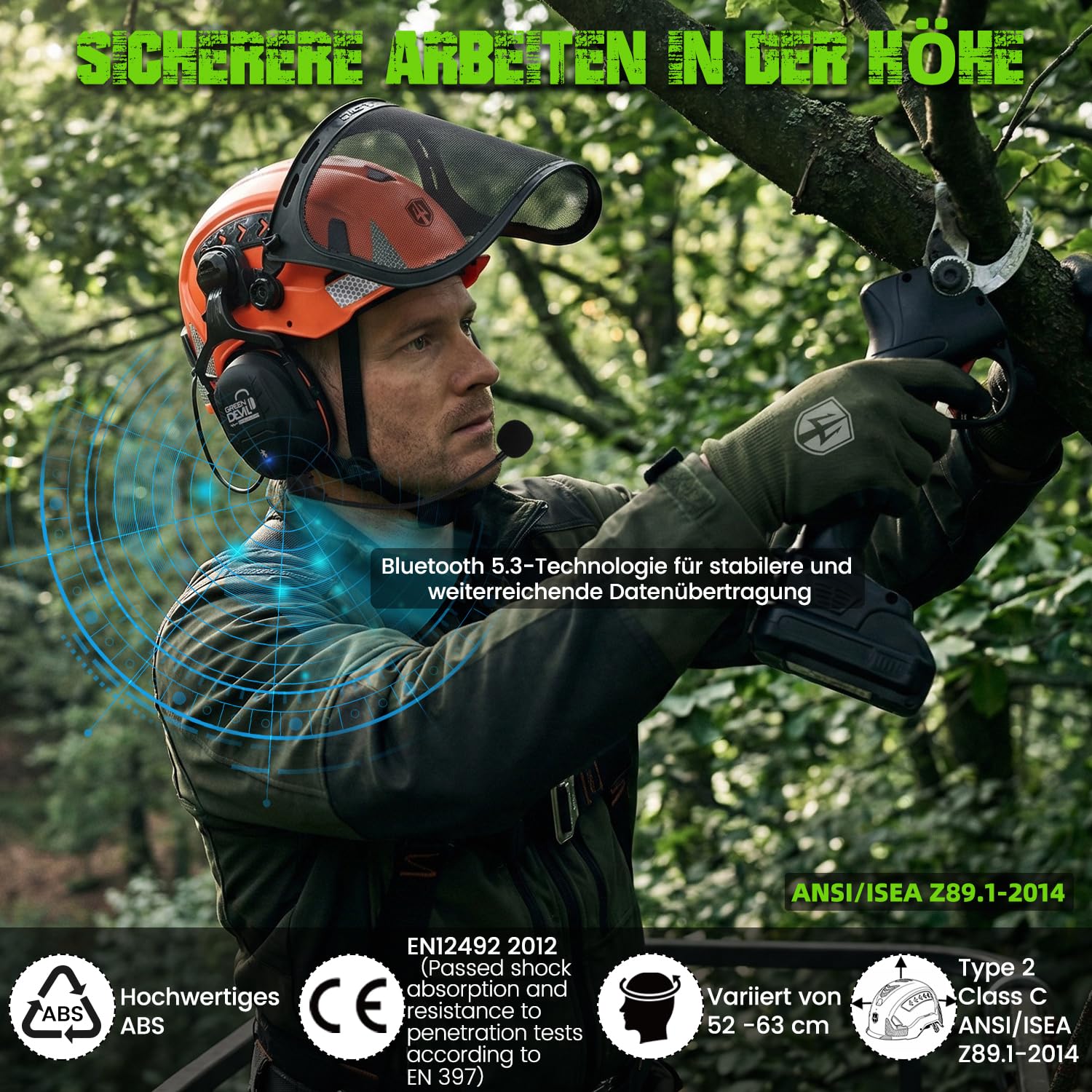 GREEN DEVIL VOLTEK Forest AIR Bluetooth Set - Forst- & Höhenarbeits-Schutzhelm EN12492 Zertifiziert, 5-in-1 System mit Metallnetzvisier & SNR 32dB Bluetooth Gehörschutz + Helmleuchte
