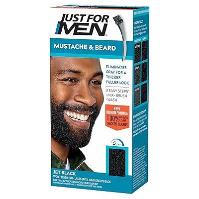 Just For Men Mustache & Beard, Beard Coloring for Gray Hair with Brush, With Keratin Biotin Aloe and Coconut Oil for Healthy Facial Hair - Jet Black, M-60, Pack of 1 Packaging May Vary