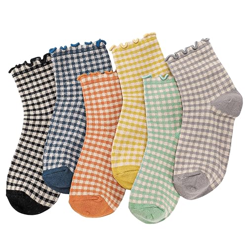GGSTDDUP 6 Pairs Women Ruffle Socks Striped Frilly Socks, Women Cute Socks Checkered Socks Ankle Socks for Women Cotton Knit Casual Crew Socks Size 5-9, Medium