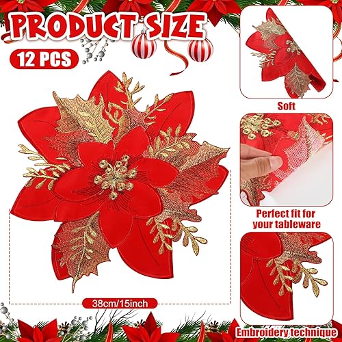 Miniatura 2 de 12 manteles individuales bordados de flor de Pascua de Navidad para decoración de Navidad, decoración de mesa de fiesta de Navidad, decoración de