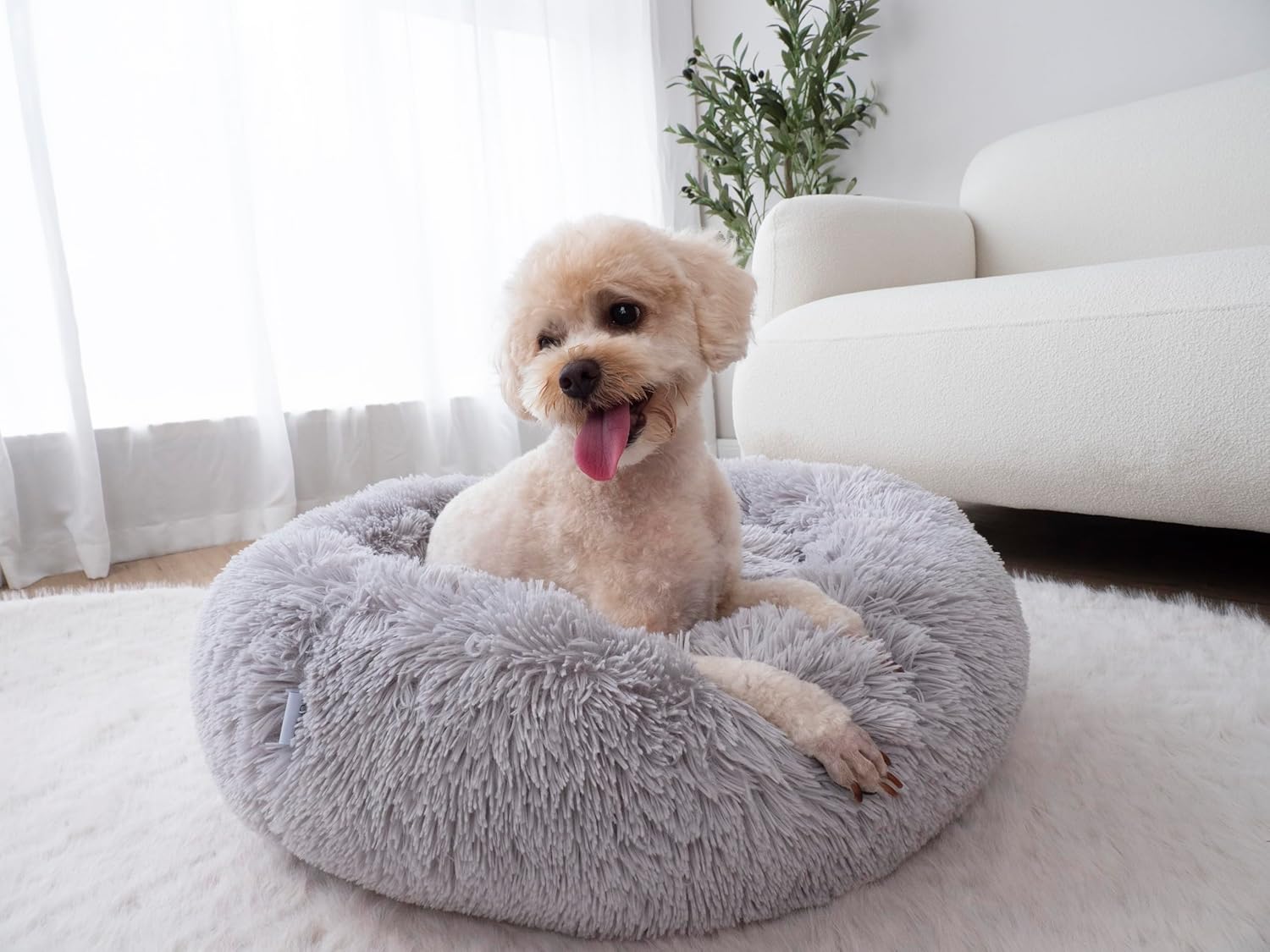 FURME Calming Donut Pet Bed - Water and Dirt Resistant Round Soft Cat & Dog Beds with Removable and Washable Cover for Medium Size & Small Dogs, Frost (L)