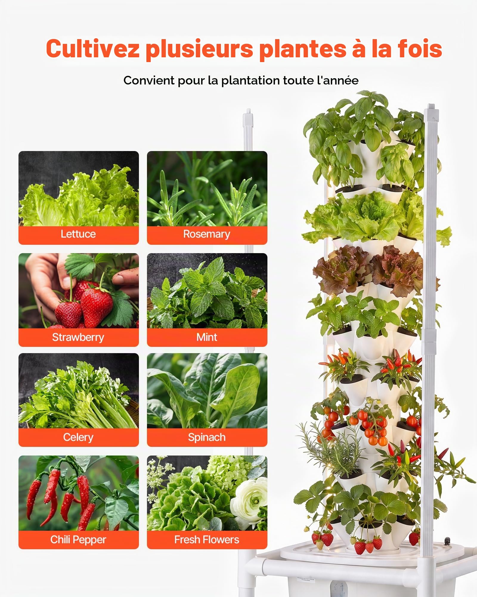 VEVOR Tour Hydroponique 9 Étages 45 Trous, Système de Culture Hydroponique pour Herbes, Légumes et Fruits, avec Lampe de Croissance LED, Contrôle par App, roulettes, Réservoir d'eau de 20 L et Pompe