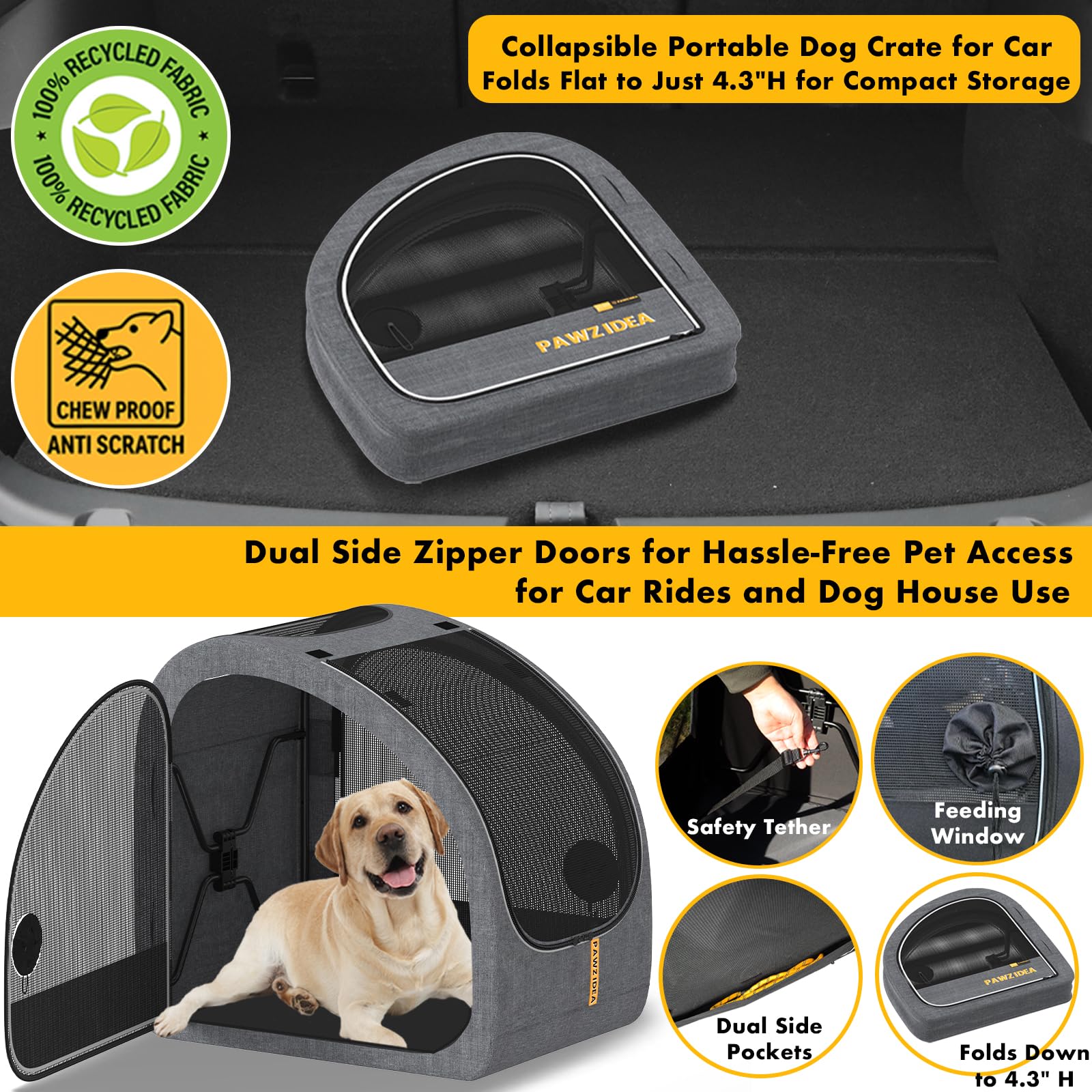 PAWZIDEA Tragbare Hundebox für Autoreisen, zusammenklappbare Haustier-Reiseboxen für mittelgroße und große Hunde, geschlossene weiche Seiten-Autohütte für den Rücksitz, sichert mit Sicherheitsgurt und