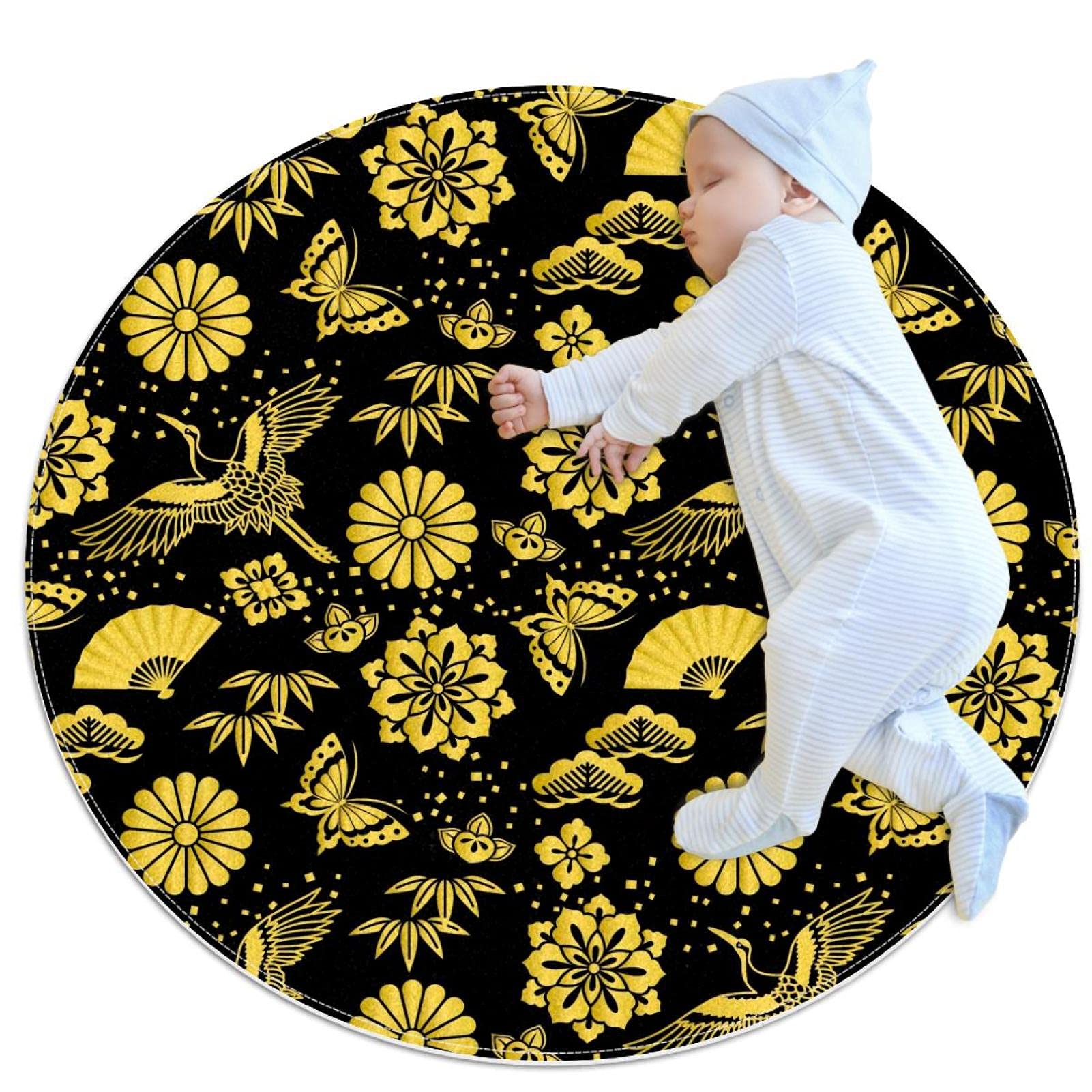 Tapis rond grues japonaises et poudre d'or éclat d'Asie haut de gamme