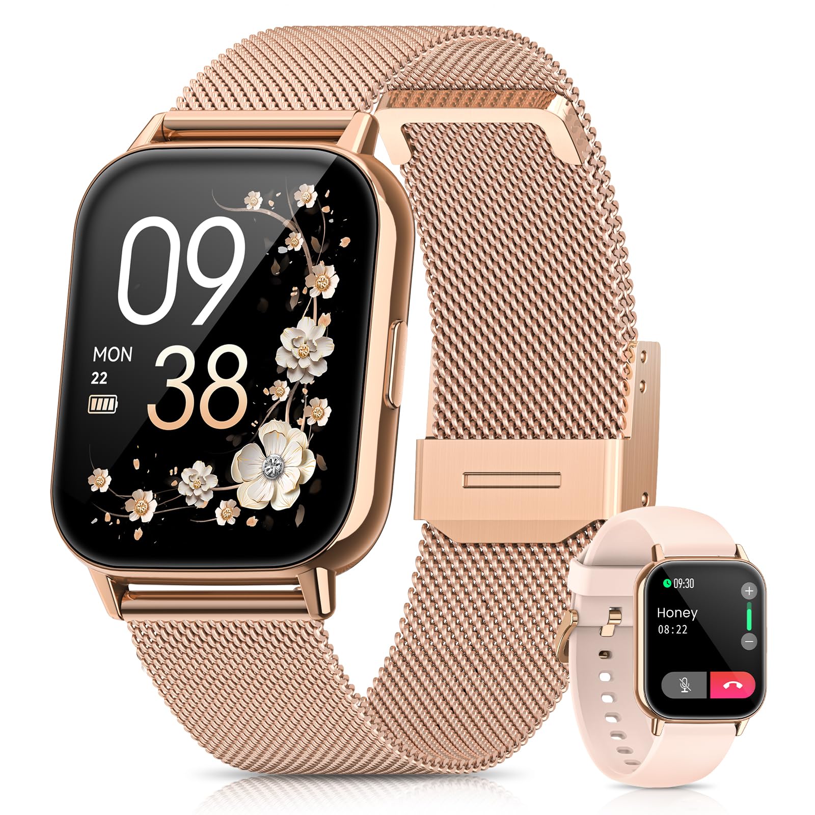 Reloj Inteligente Mujer, Smartwatch Mujer con Llamadas 5.3, Función Femenina, 24H Pulsometro SpO2, 120+ Modos Deportivos, Monitor de Sueño, Calorías, Podómetro para Android iOS Rosa Oro