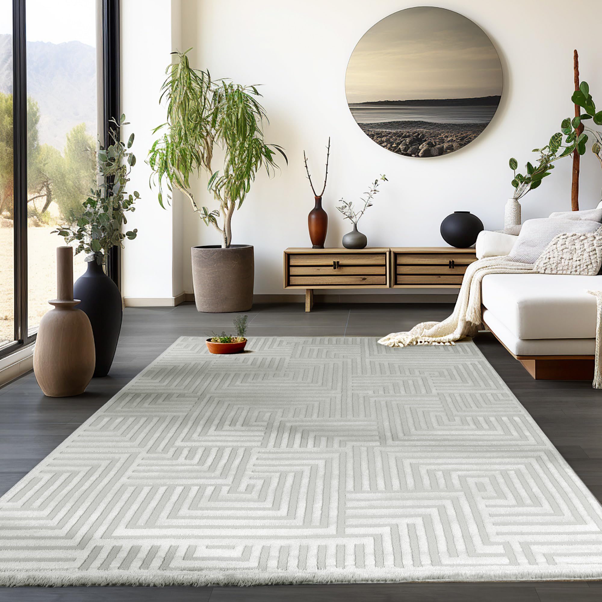 HomebyHome Alfombra de pelo corto para salón, color gris, 3D, estilo escandinavo, moderna, 160 x 230 cm, lavable, para dormitorio, cocina, diseño geométrico, suave alfombra de salón