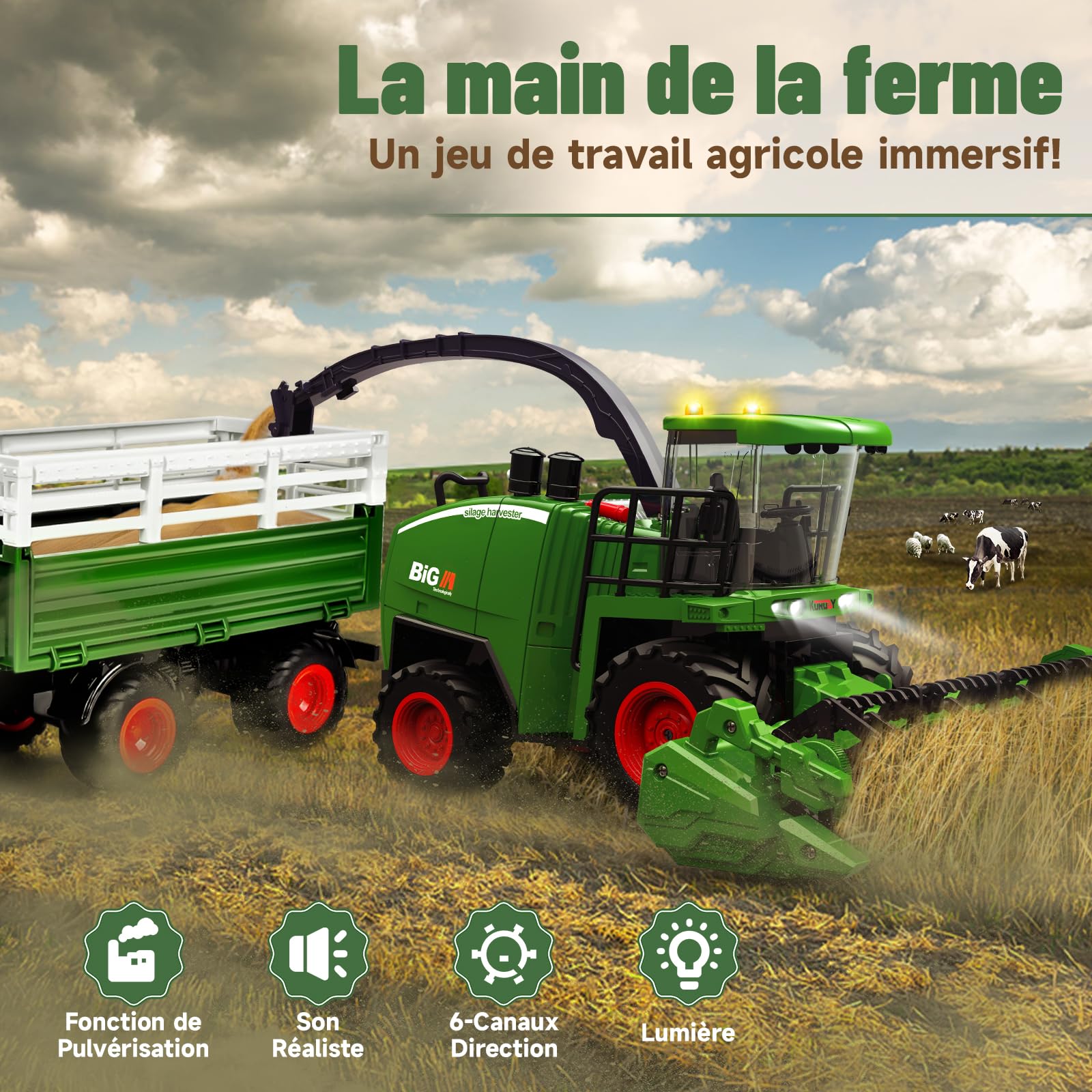 Ulikey Moissonneuse Batteuse Télécommandée 2,4 GHz Tracteur Électrique Enfant avec Lumière Remorque Jouet Ferme Cadeau Anniversaire 3-7 Ans