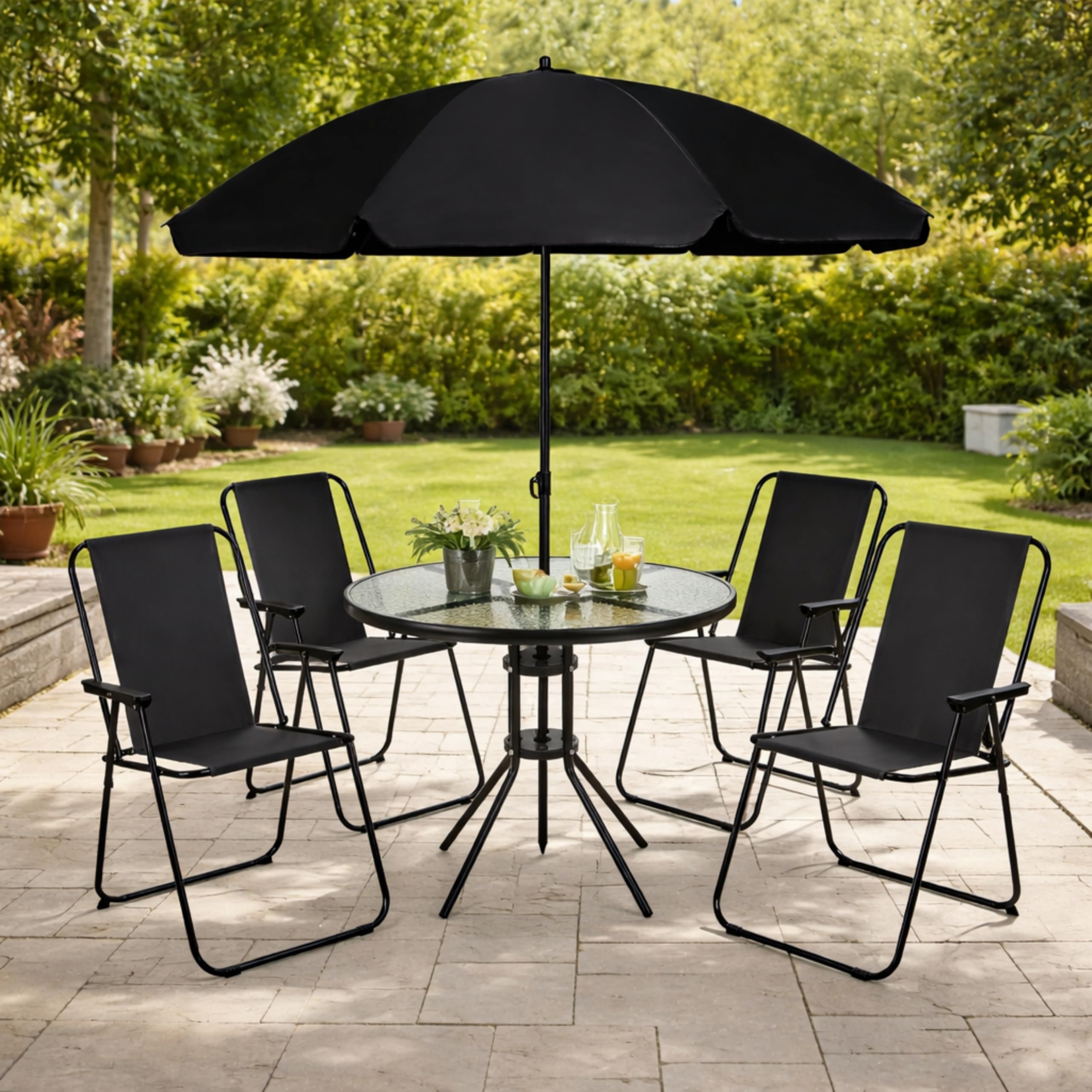 Garden Mile 4 Seater Patio Dining Set with Parasol Garden Table and Chairs Set with 4 Foldable Chairs, Outdoor Dining Furniture with Tempered Glass Table Balcony Garden Furniture (Black)